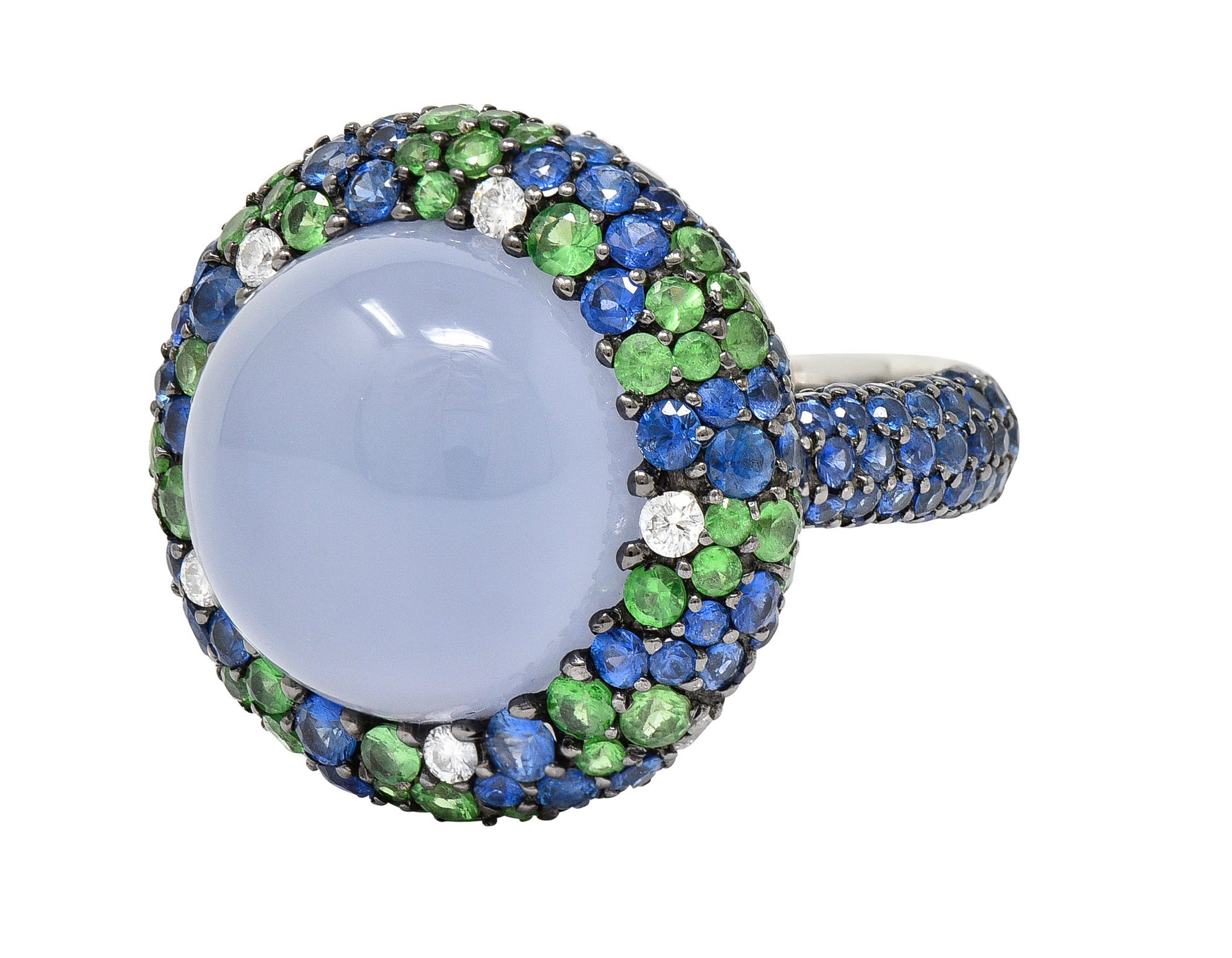 Blue Chalcedony 7.55 CTW Sapphire Diamond Tsavorite 18 Karat White Gold Cocktail RingRing - Wilson's Estate Jewelry