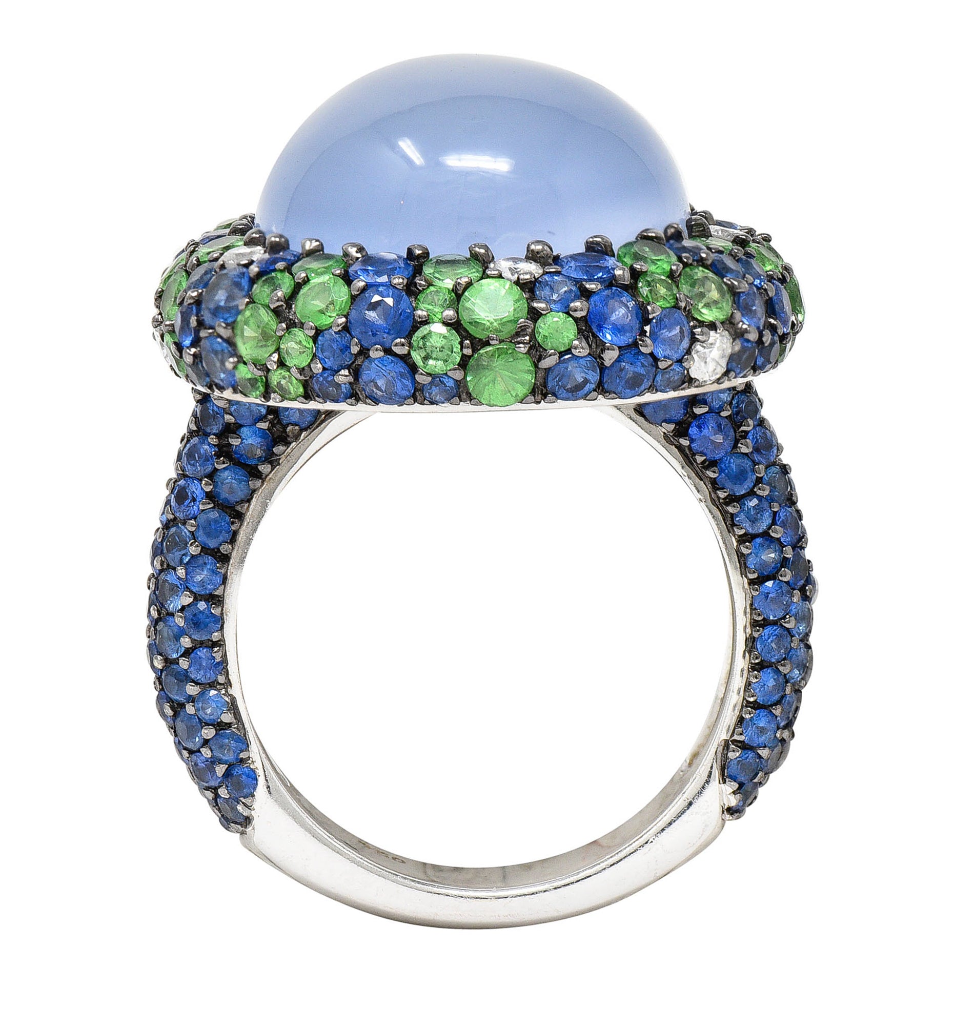 Blue Chalcedony 7.55 CTW Sapphire Diamond Tsavorite 18 Karat White Gold Cocktail RingRing - Wilson's Estate Jewelry