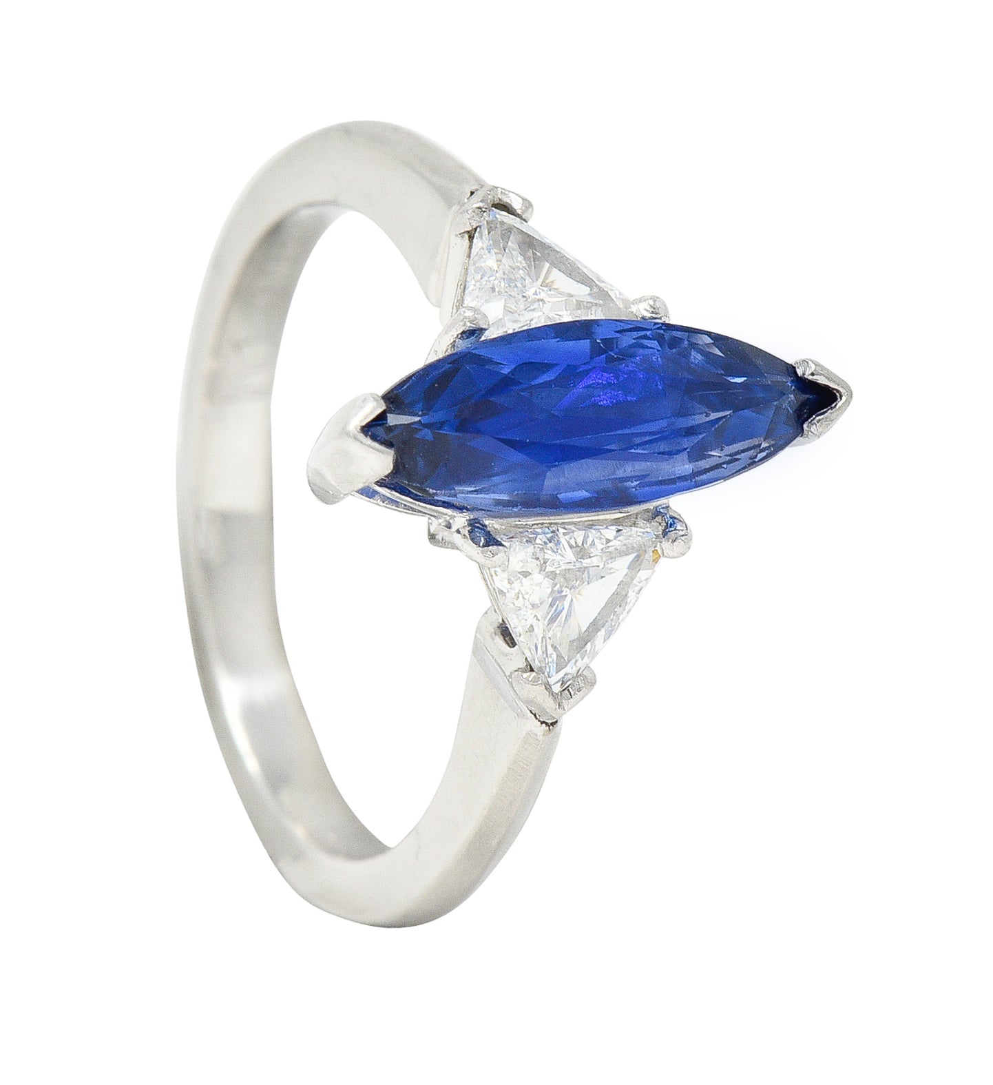 Contemporary 2.44 CTW Marquise Cut Sapphire Trillion Cut Diamond Platinum Three Stone Ring Wilson's Estate Jewelry