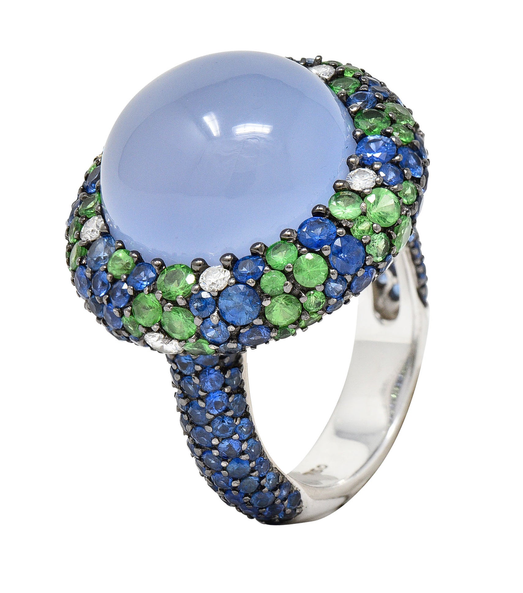 Blue Chalcedony 7.55 CTW Sapphire Diamond Tsavorite 18 Karat White Gold Cocktail RingRing - Wilson's Estate Jewelry