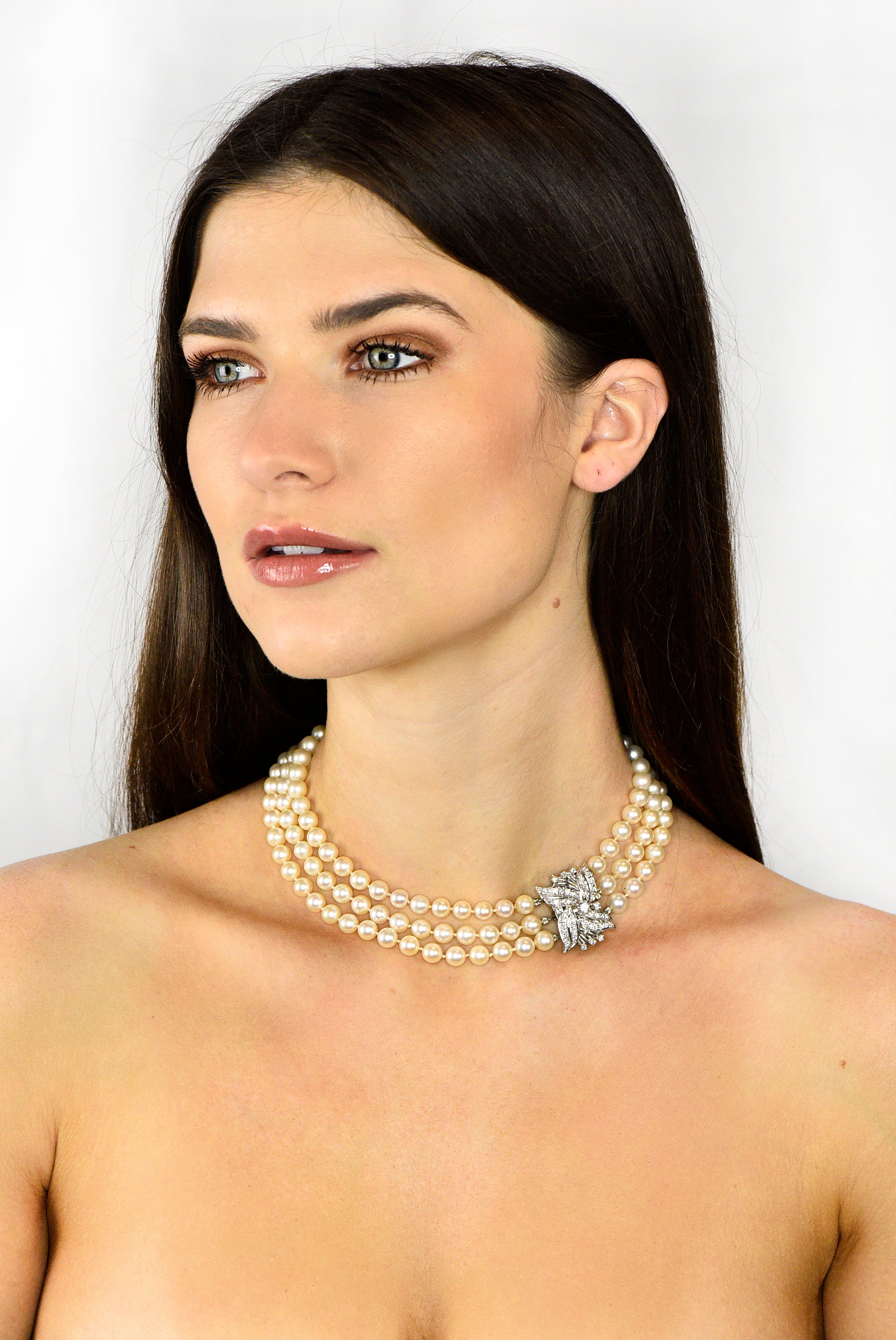 Retro 1.70 CTW Diamond Cultured Pearl 14 Karat White Gold Multi-Strand Necklace & BroochNecklace - Wilson's Estate Jewelry