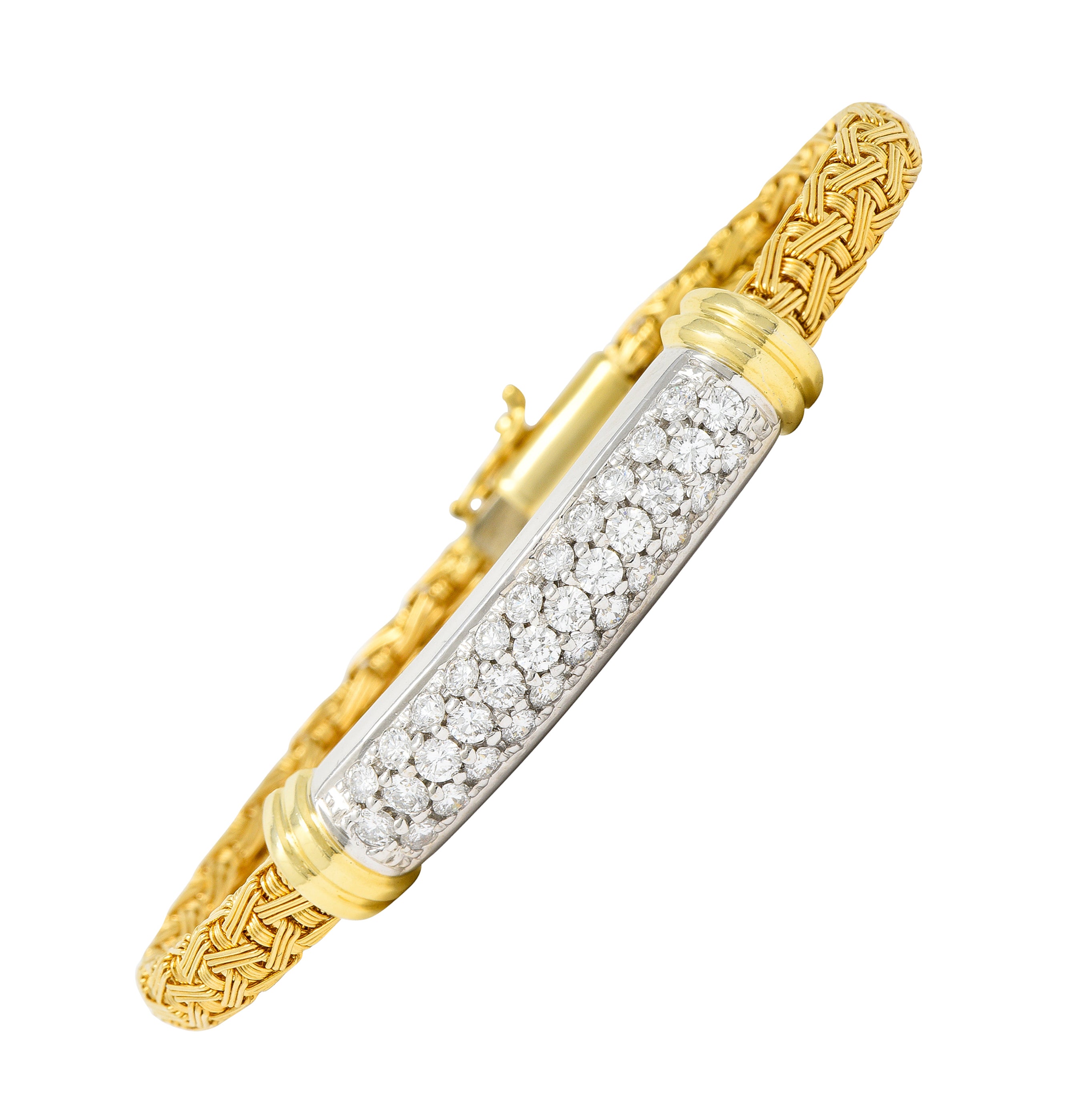 Roberto Coin Italian 1.50 CTW Pave Diamond 18 Karat Two-Tone Gold Woven Silk Bracelet Wilson's Antique & Estate Jewelry