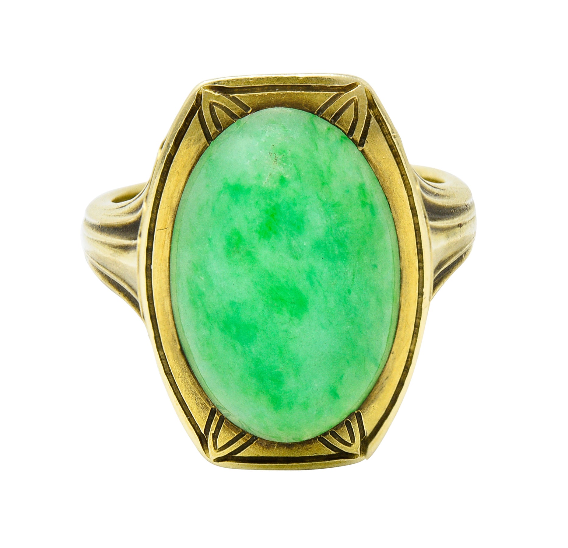 Larter & Sons Art Deco Jadeite Jade Cabochon 14 Karat Gold Lotus RingRing - Wilson's Estate Jewelry