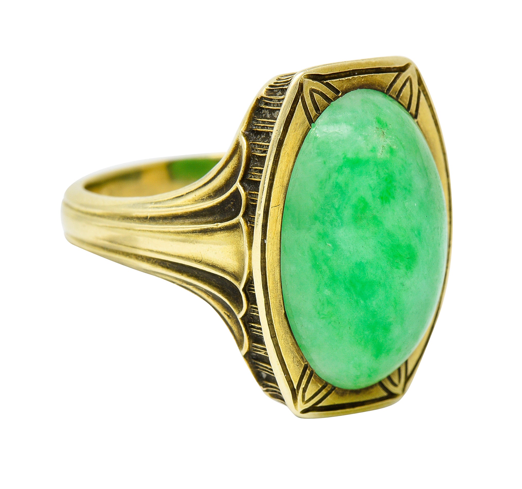 Larter & Sons Art Deco Jadeite Jade Cabochon 14 Karat Gold Lotus RingRing - Wilson's Estate Jewelry