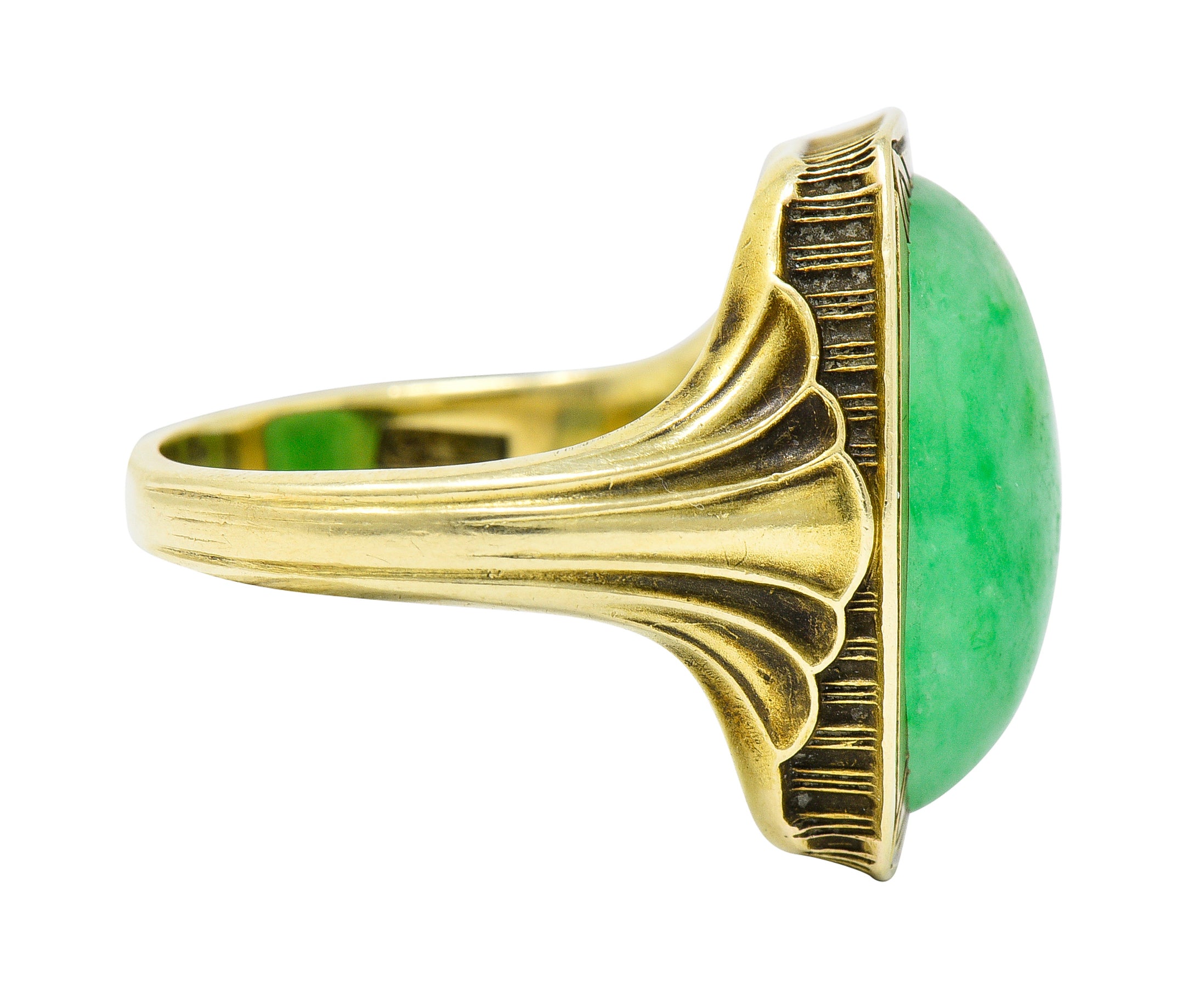 Larter & Sons Art Deco Jadeite Jade Cabochon 14 Karat Gold Lotus RingRing - Wilson's Estate Jewelry