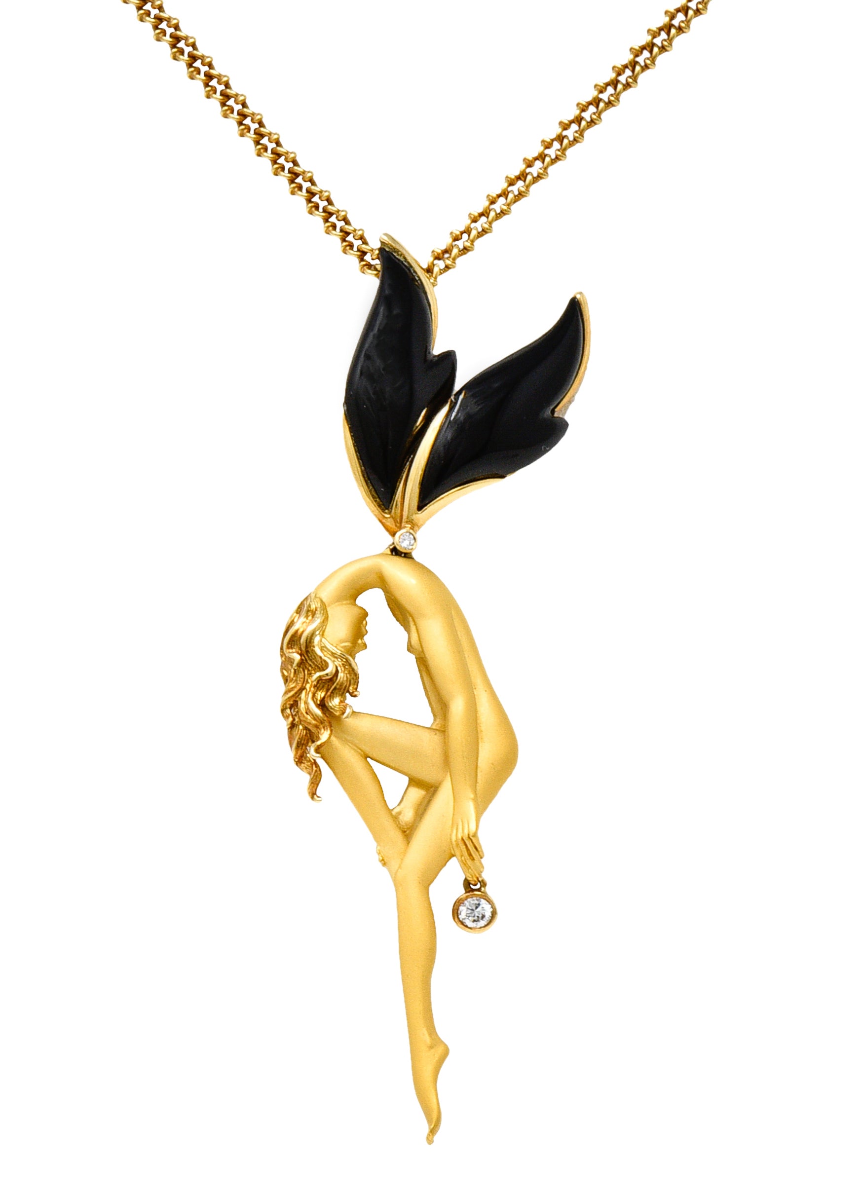 Carrera Y Carrera 1990's Diamond Onyx 18 Karat Yellow Gold Pomona Fairy Vintage Pendant Necklace Wilson's Estate Jewelry