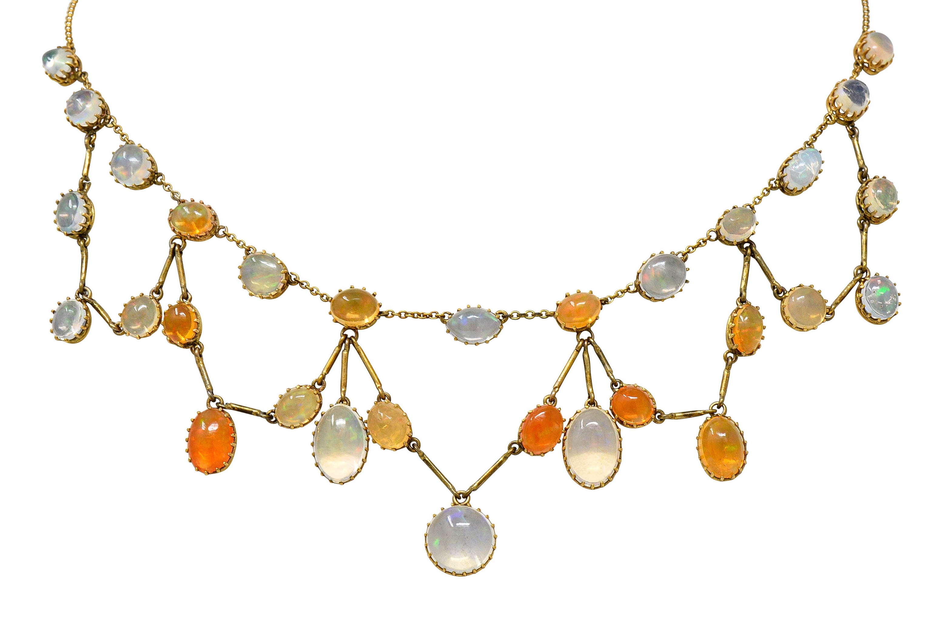 Art Nouveau Jelly Opal & Fire Opal 14 Karat Gold Swag NecklaceNecklace - Wilson's Estate Jewelry