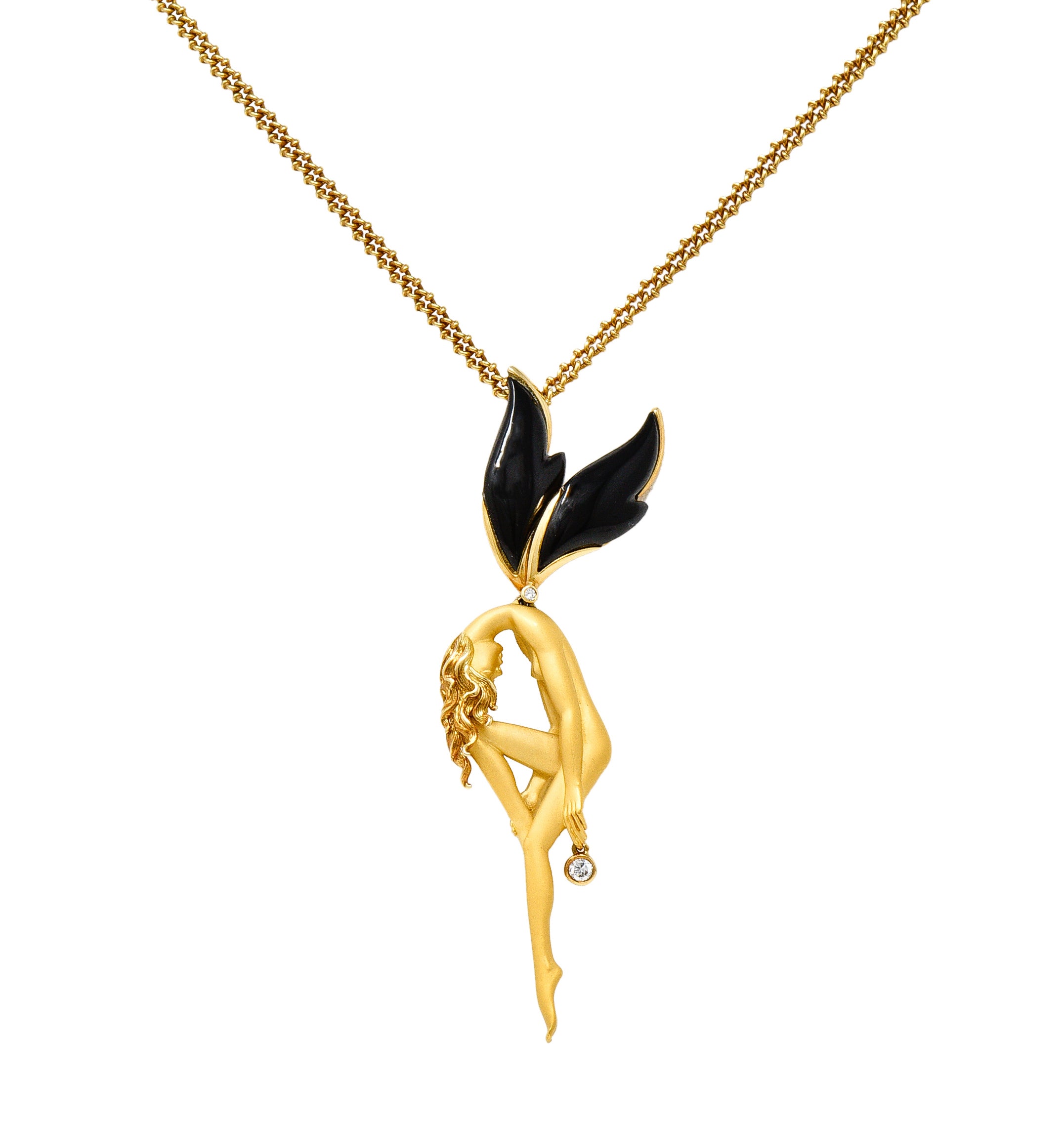 Carrera Y Carrera 1990's Diamond Onyx 18 Karat Yellow Gold Pomona Fairy Vintage Pendant Necklace Wilson's Estate Jewelry