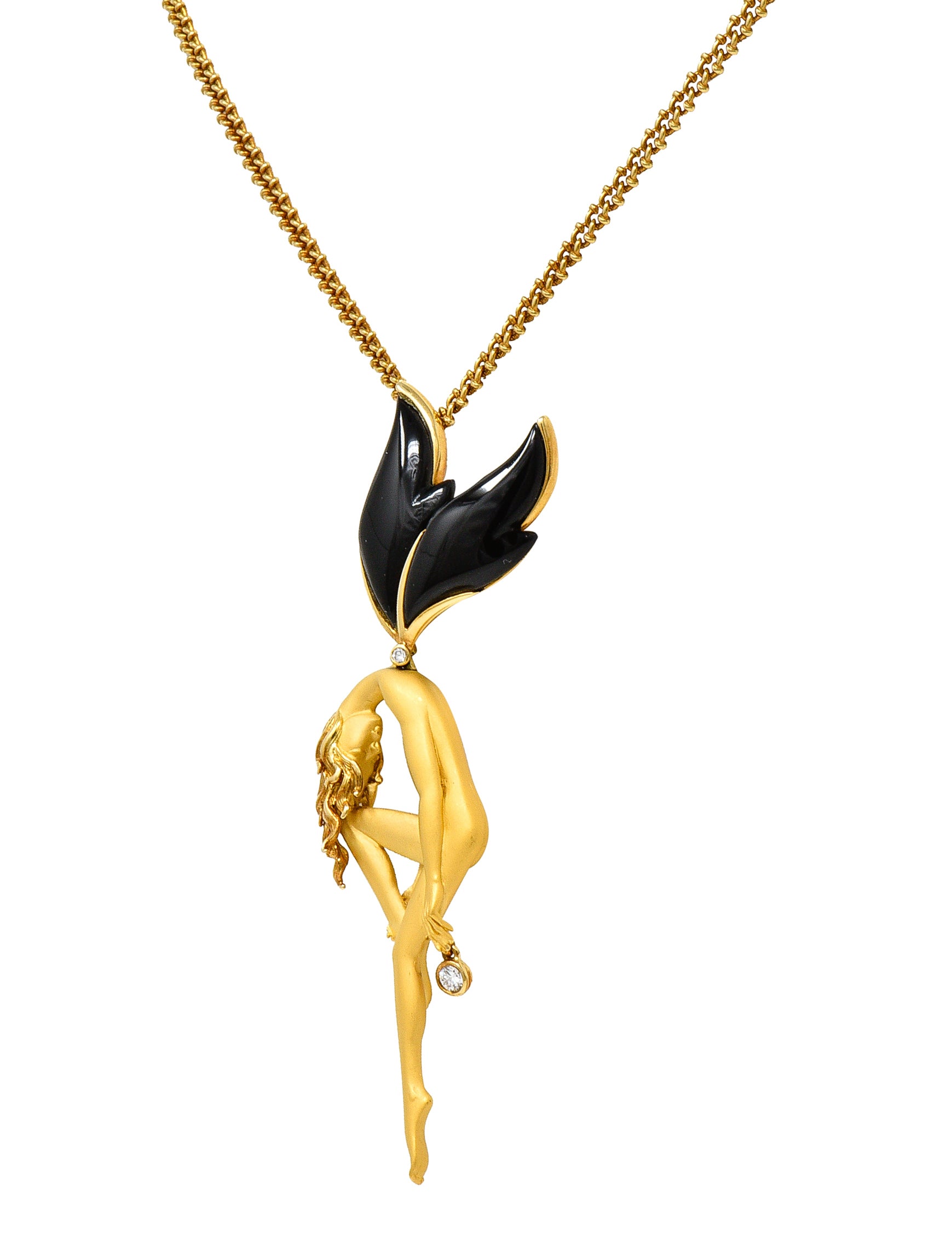 Carrera Y Carrera 1990's Diamond Onyx 18 Karat Yellow Gold Pomona Fairy Vintage Pendant Necklace Wilson's Estate Jewelry