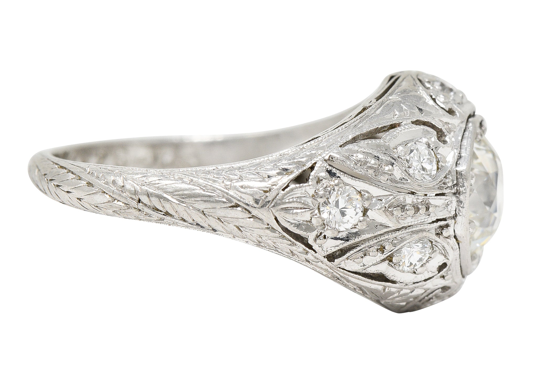 Art Deco 1.53 CTW Old European Cut Diamond Platinum Scrolling Foliate Bombay Vintage Engagement Ring Wilson's Estate Jewelry