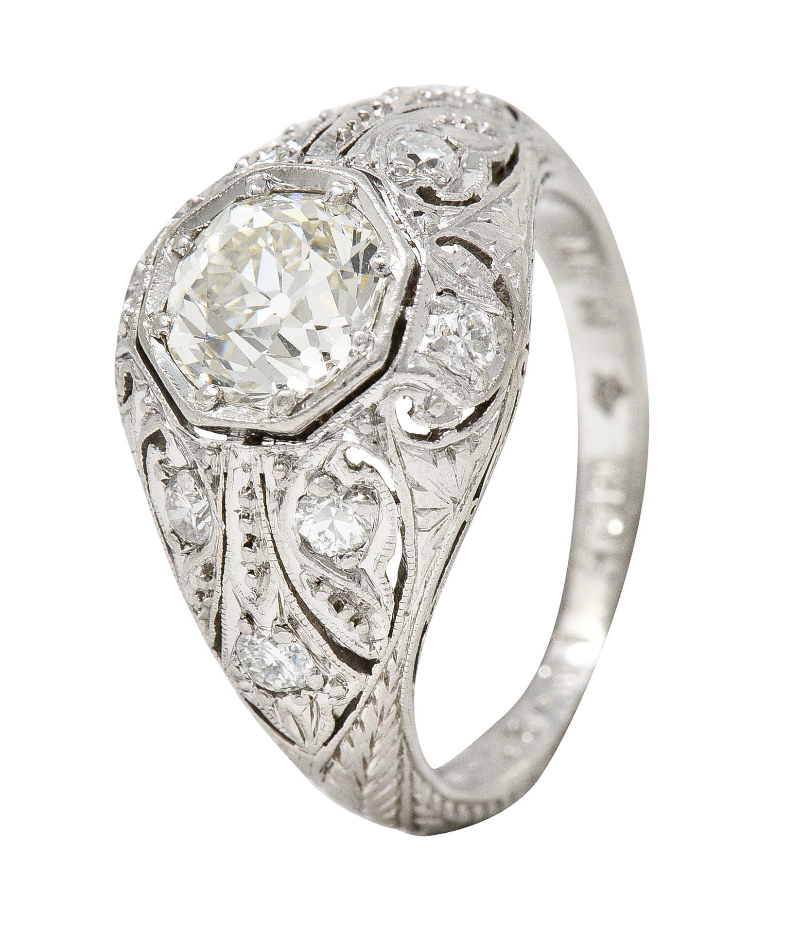 Art Deco 1.53 CTW Old European Cut Diamond Platinum Scrolling Foliate Bombay Vintage Engagement Ring Wilson's Estate Jewelry