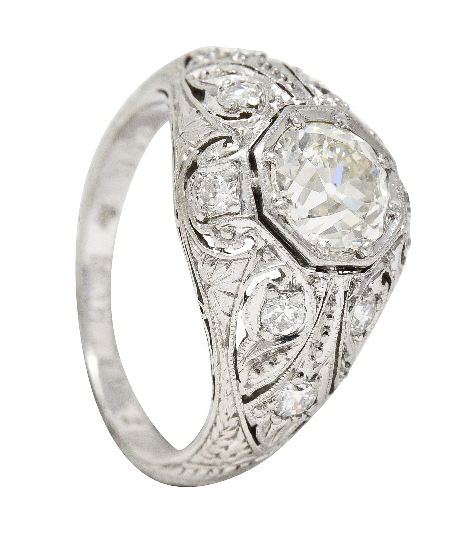 Art Deco 1.53 CTW Old European Cut Diamond Platinum Scrolling Foliate Bombay Vintage Engagement Ring Wilson's Estate Jewelry