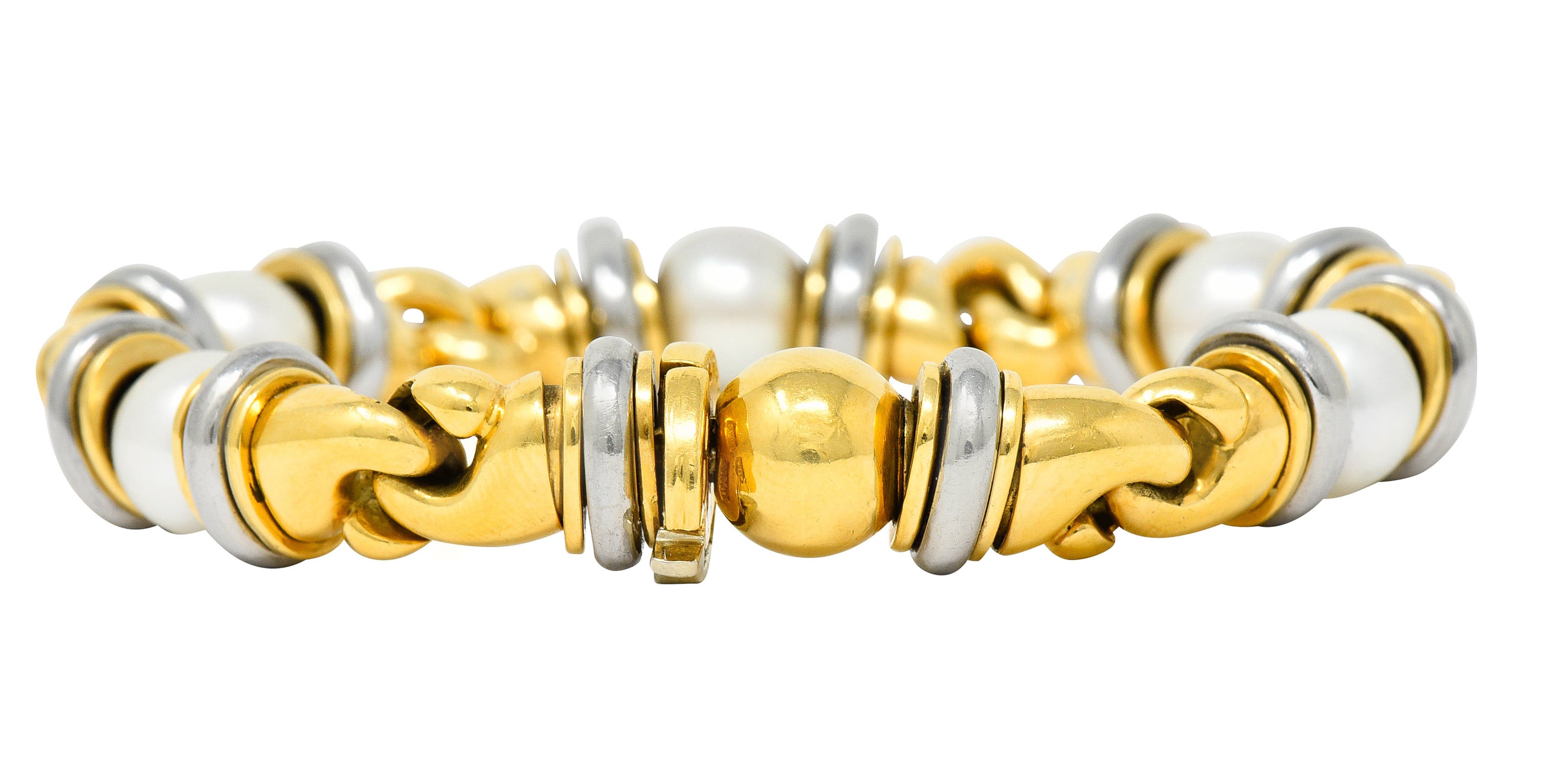 1990's Bulgari Cultured Pearl 18 Karat Gold Stainless Steel Gancio Italian Link Braceletbracelet - Wilson's Estate Jewelry