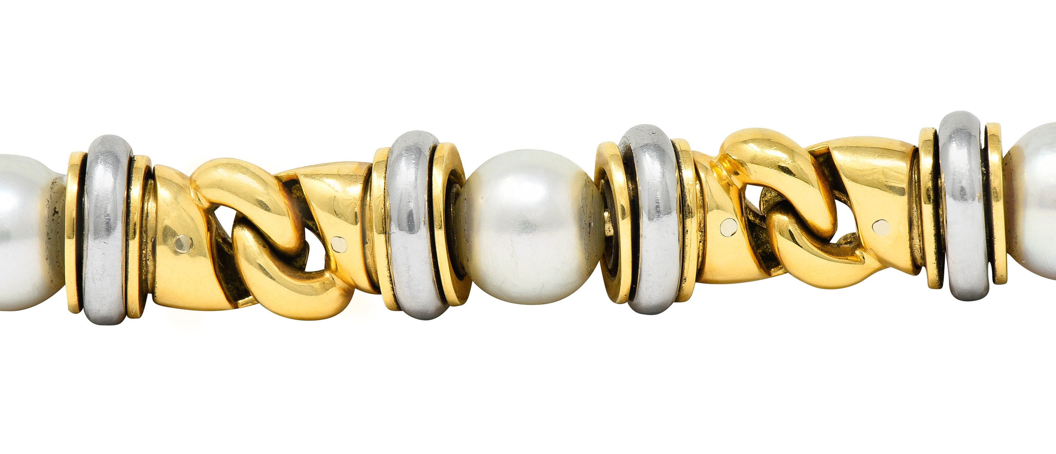 1990's Bulgari Cultured Pearl 18 Karat Gold Stainless Steel Gancio Italian Link Braceletbracelet - Wilson's Estate Jewelry