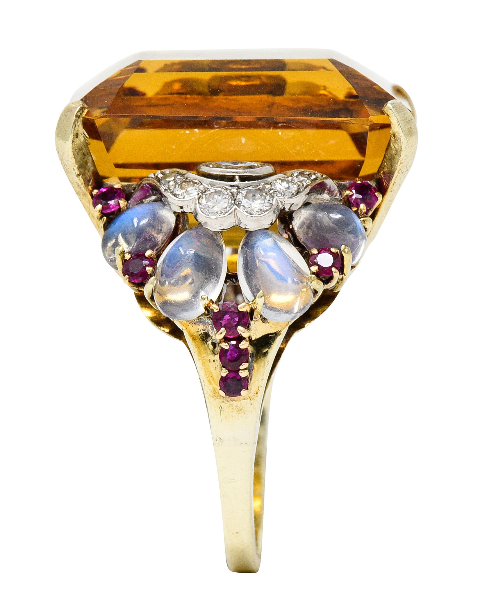 Tiffany & Co. Retro 39.97 CTW Emerald Cut Citrine Diamond Ruby Moonstone Cabochon Platinum 14 Karat Yellow Gold Vintage Cocktail Ring Wilson's Estate Jewelry