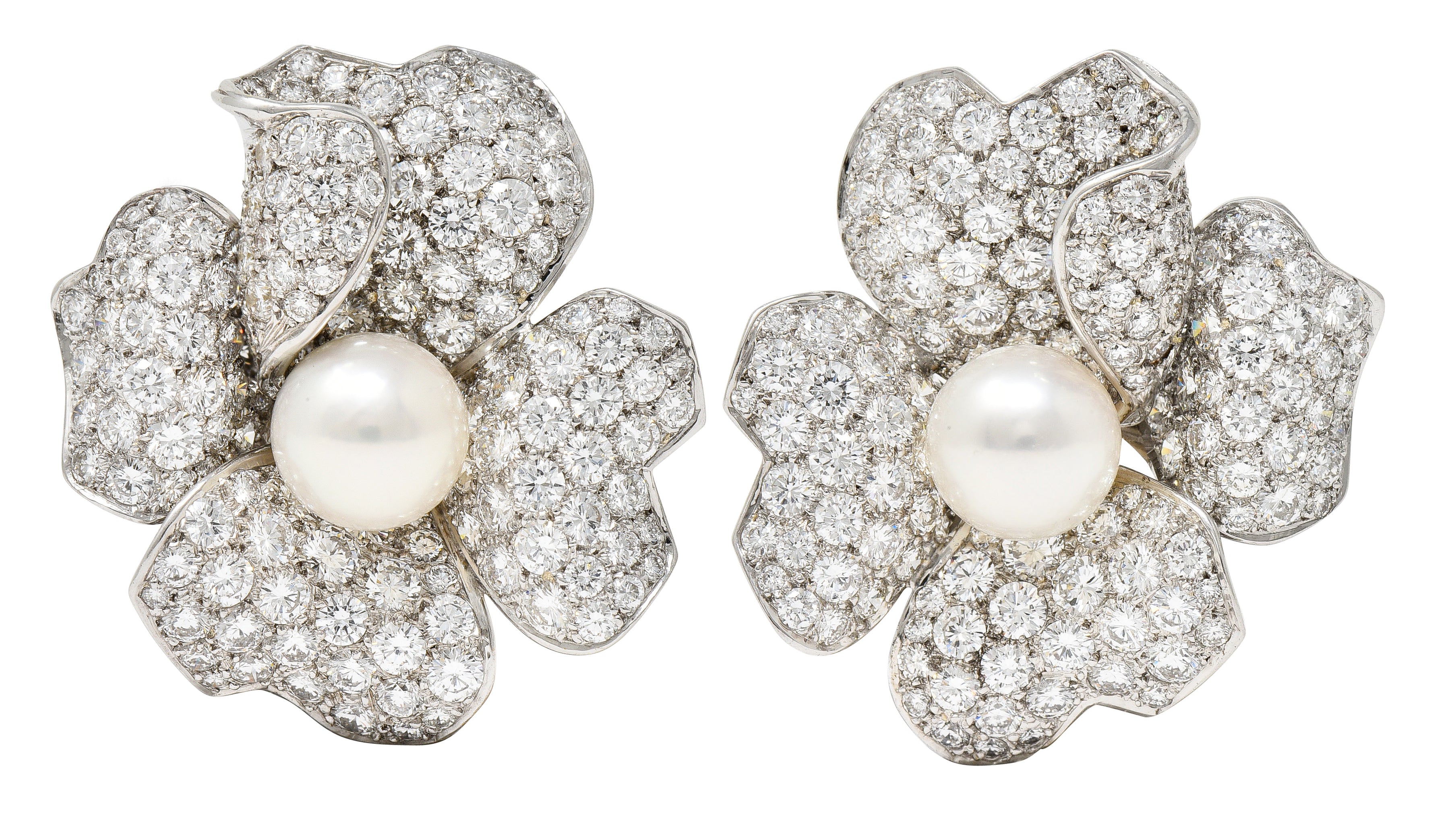 Cartier Vintage 9.28 CTW Diamond South Sea Pearl 18 Karat White Gold Flower Earrings Wilson's Estate Jewelry