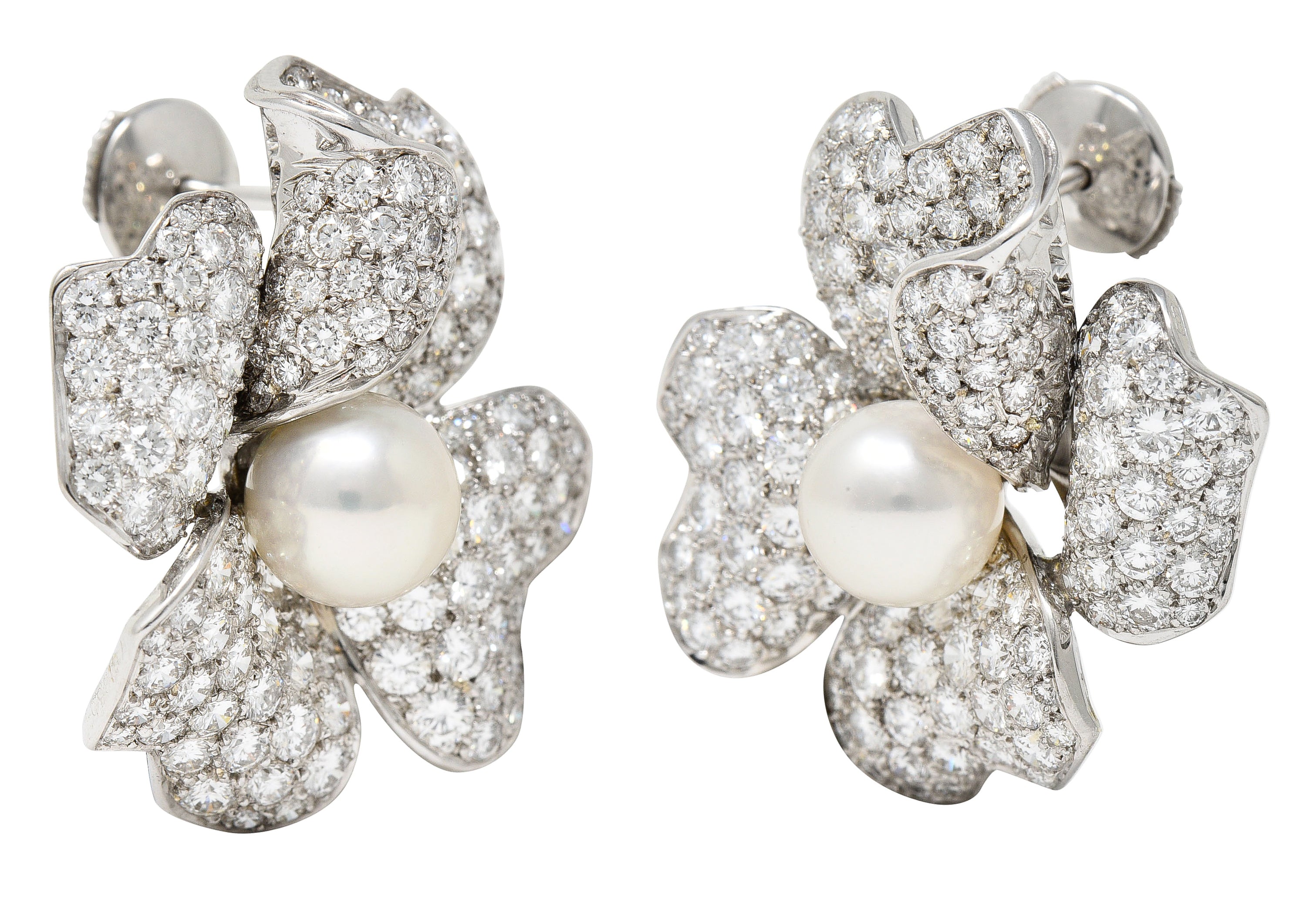 Cartier Vintage 9.28 CTW Diamond South Sea Pearl 18 Karat White Gold Flower Earrings Wilson's Estate Jewelry