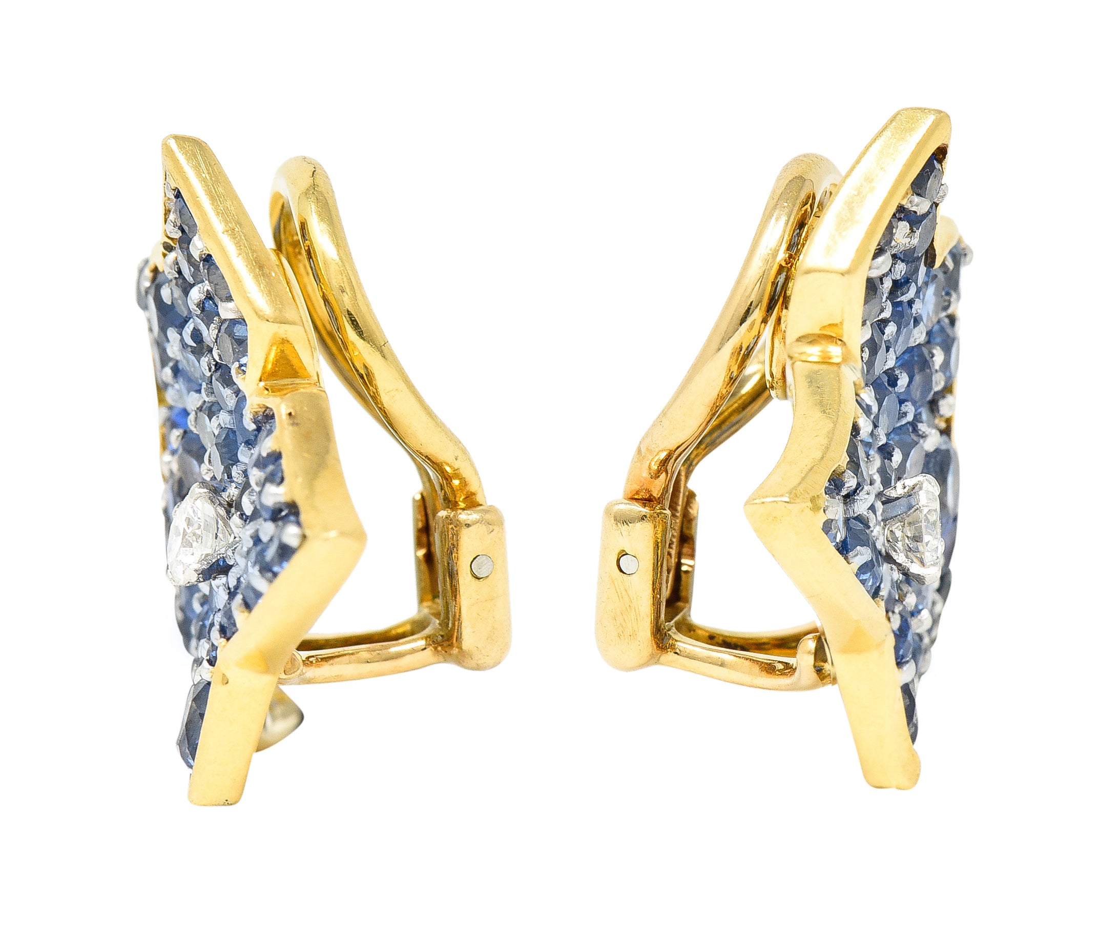 .11111 Van Cleef & Arpels 1960's 13.24 CTW Sapphire Diamond Platinum 18 Karat Yellow Gold Feuilles De Plantan Leaf Ear-Clip Earrings Wilson's Estate Jewelry