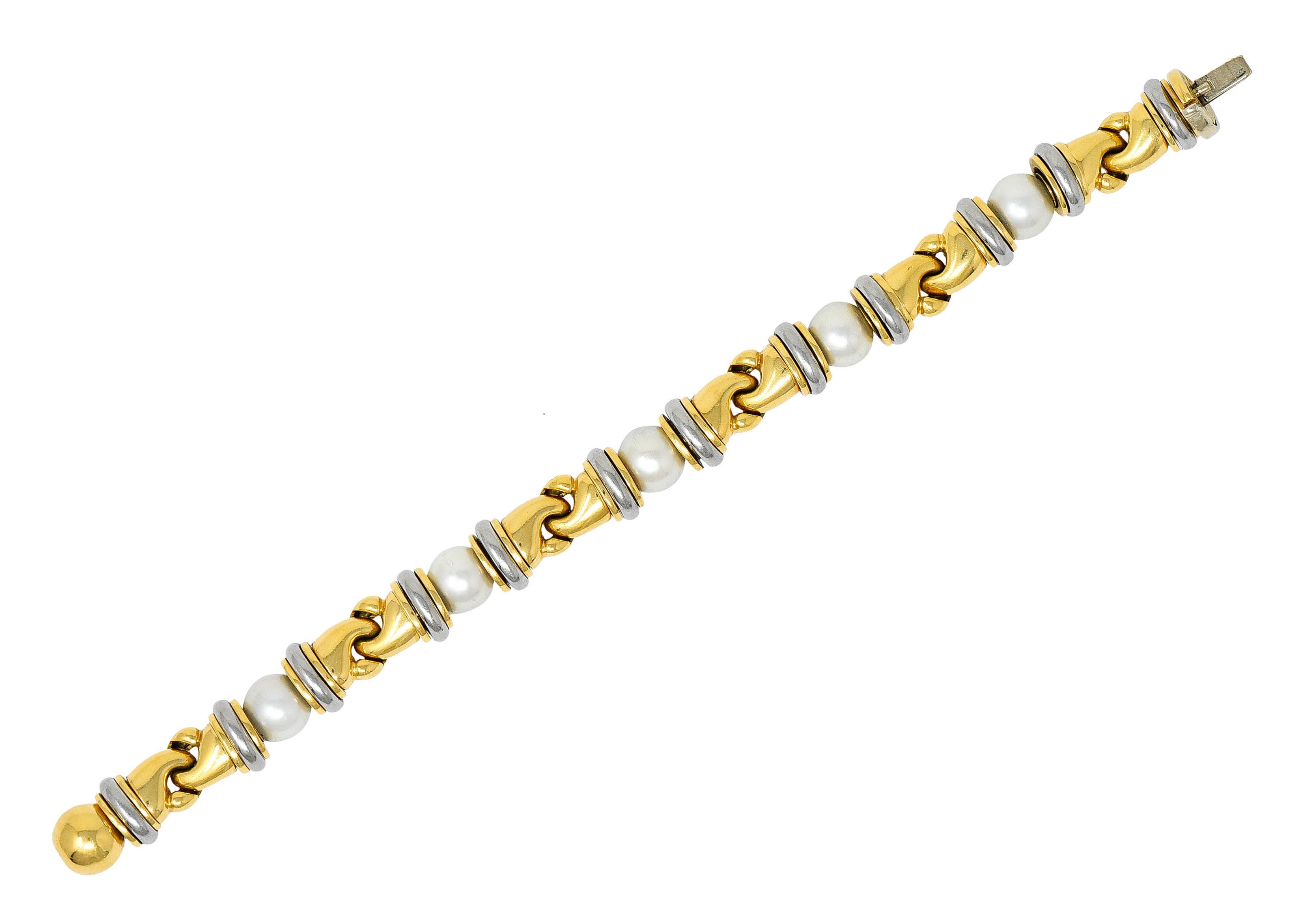 1990's Bulgari Cultured Pearl 18 Karat Gold Stainless Steel Gancio Italian Link Braceletbracelet - Wilson's Estate Jewelry