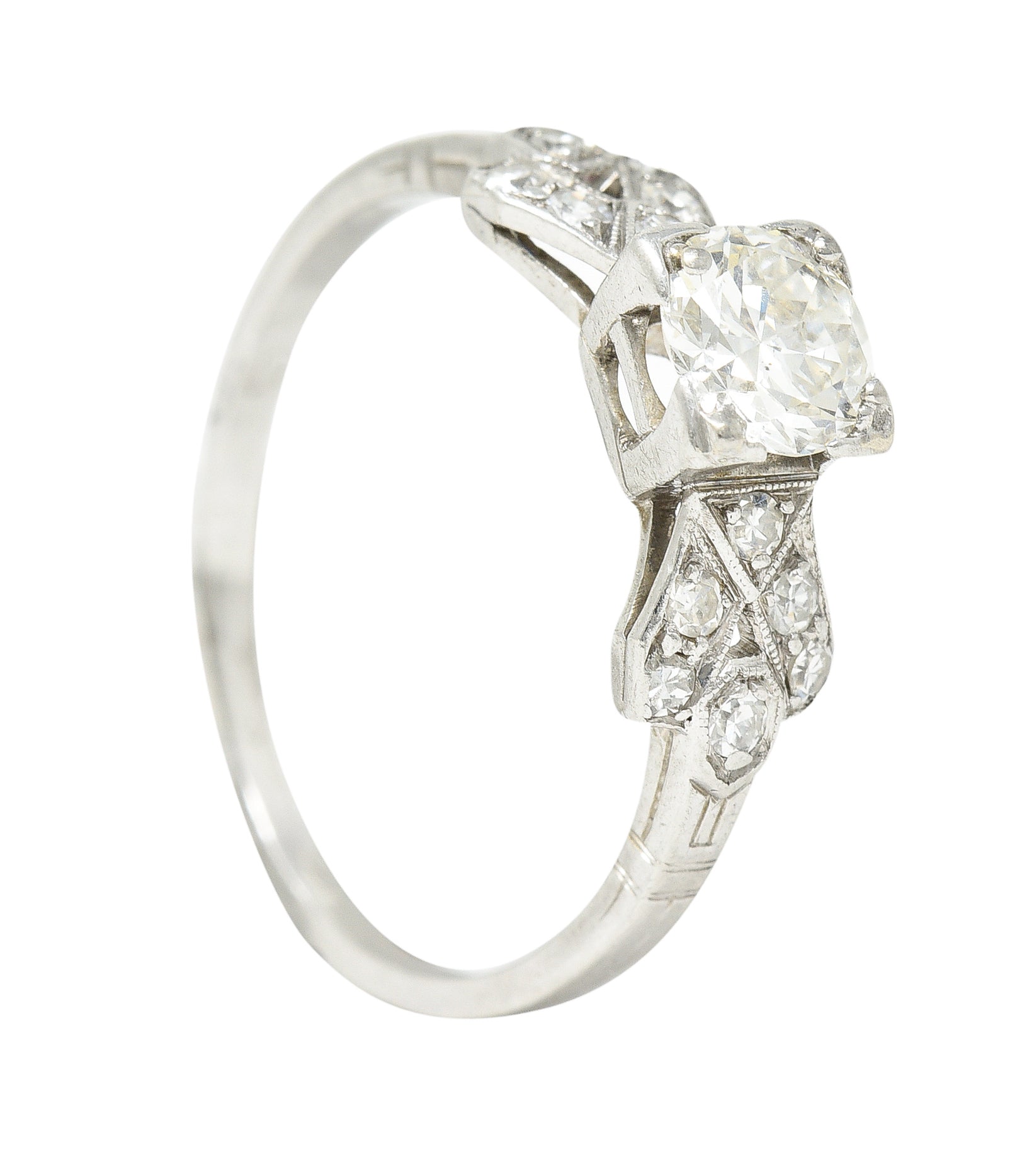 .11111 Late Art Deco 0.64 CTW Transitional Cut Diamond Platinum Buckle Engagement Ring Wilson's Estate Jewelry