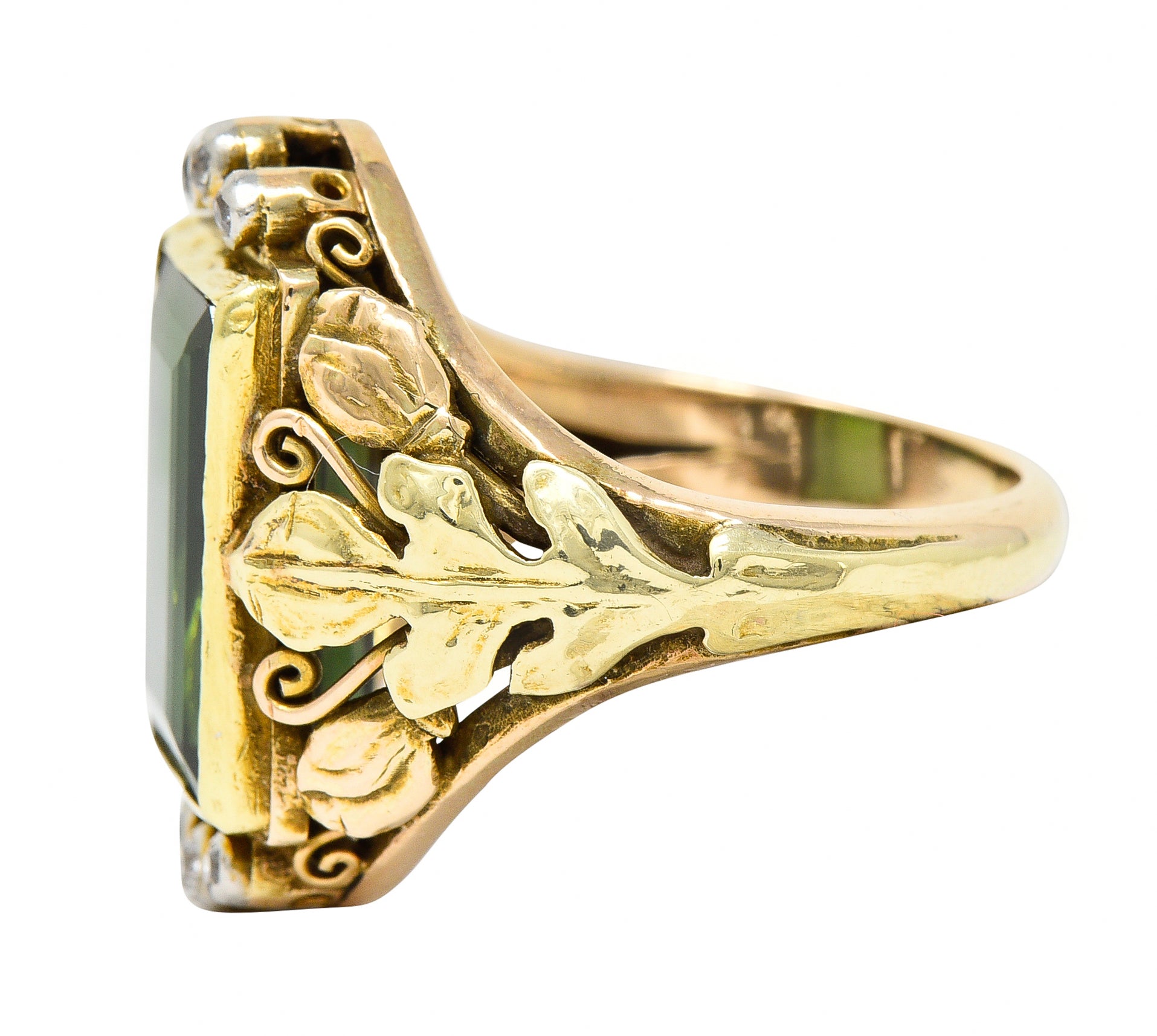 Arts & Crafts Green Tourmaline Diamond 14 Karat Tri-Colored Gold Unisex Foliate Ring Wilson's Antique & Estate Jewelry