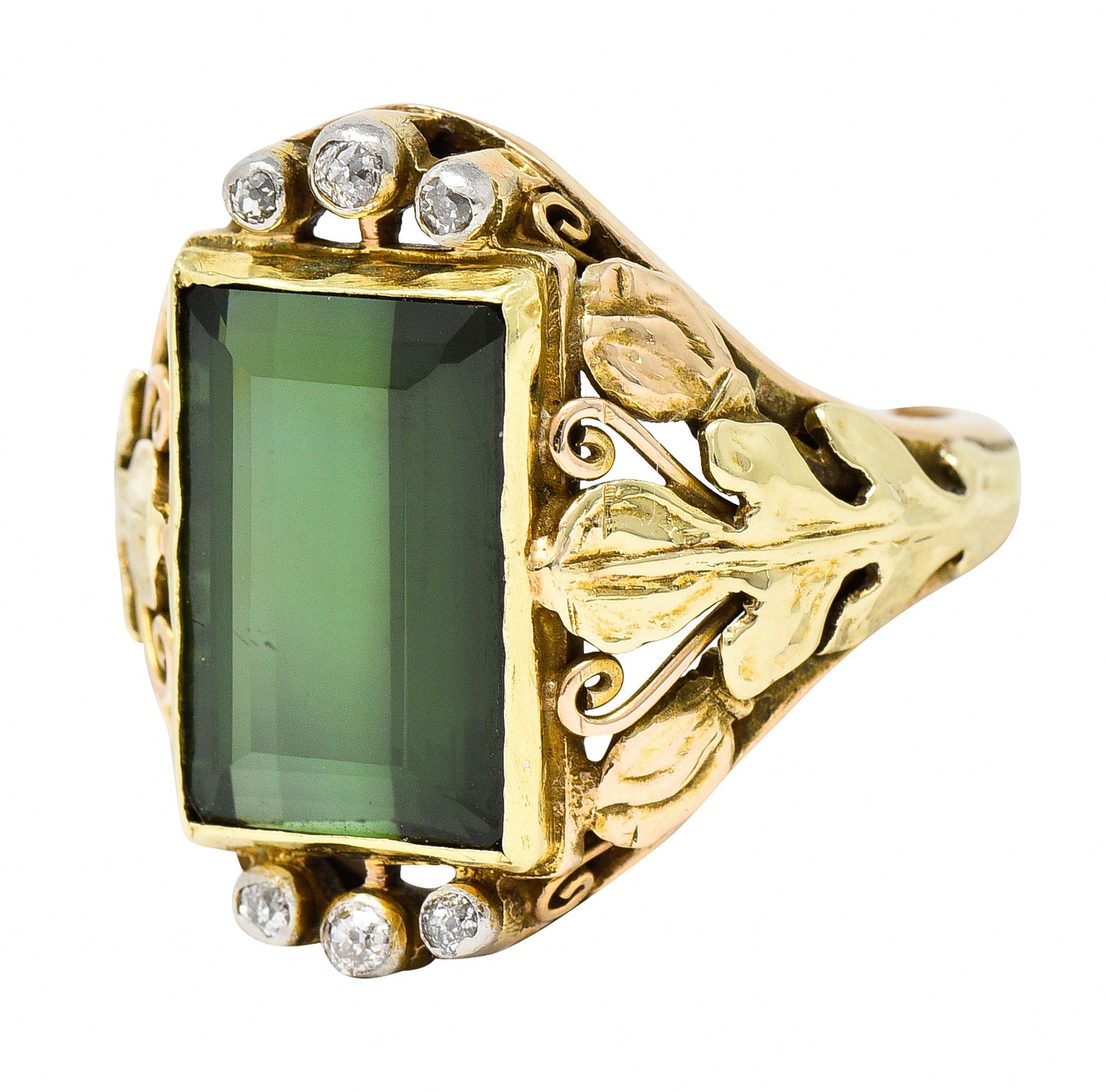 Arts & Crafts Green Tourmaline Diamond 14 Karat Tri-Colored Gold Unisex Foliate Ring Wilson's Antique & Estate Jewelry