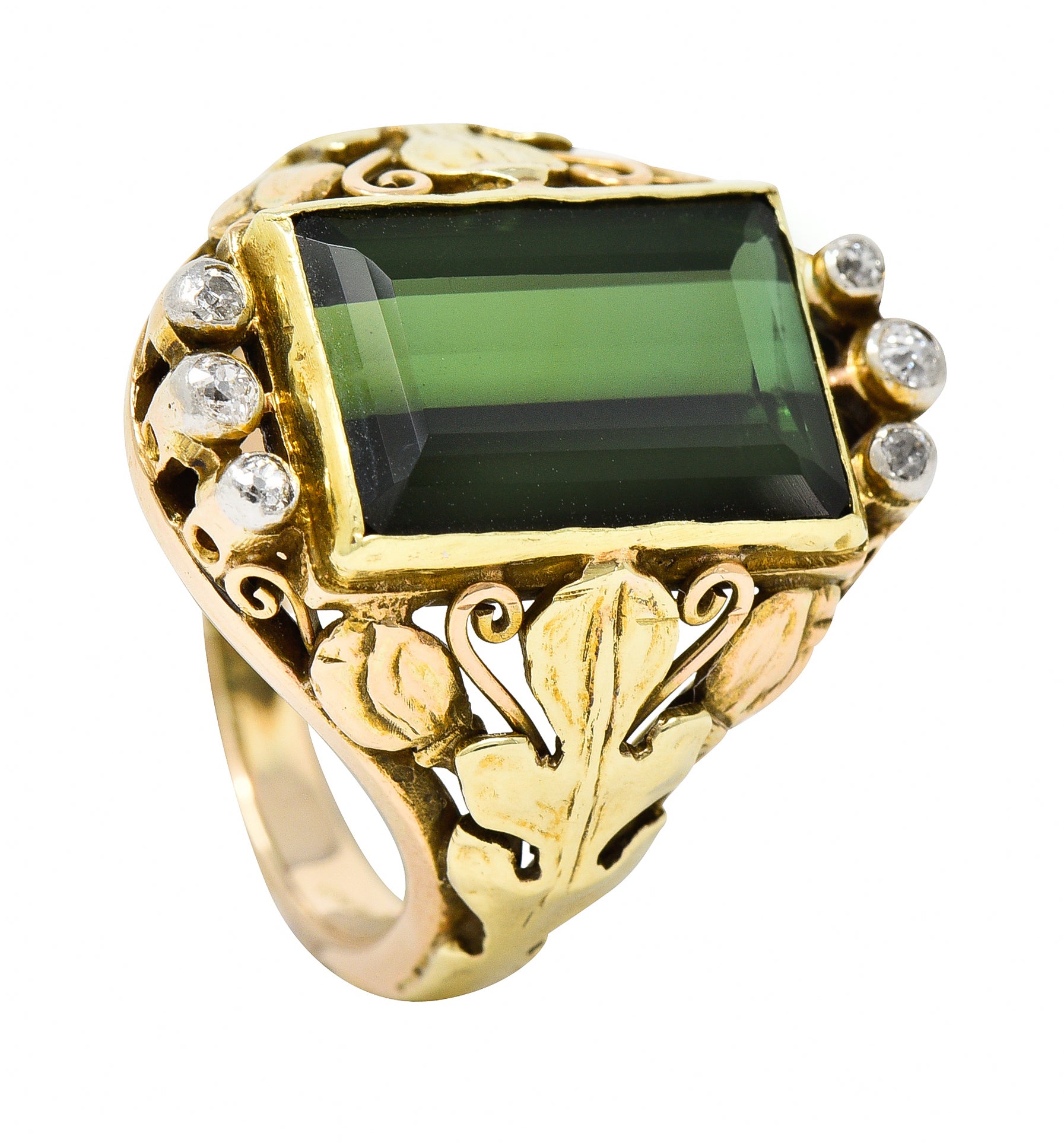 Arts & Crafts Green Tourmaline Diamond 14 Karat Tri-Colored Gold Unisex Foliate Ring Wilson's Antique & Estate Jewelry