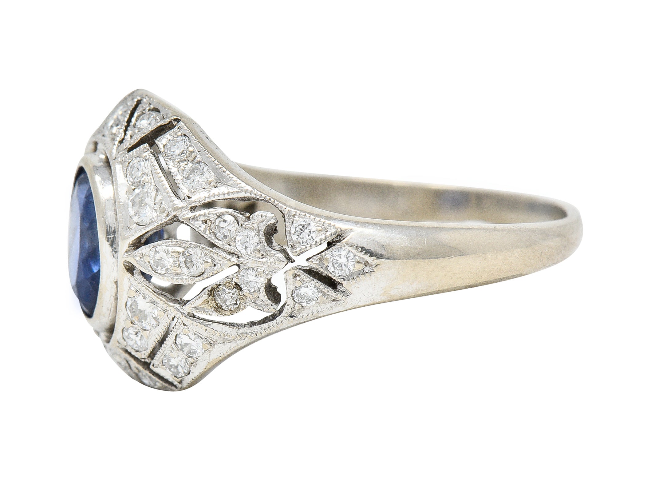 1960's Art Deco Revival 1.72 CTW Oval Cut Sapphire Diamond 14 Karat White Gold Fleur-De-Lis Vintage Bombay Dinner Ring Wilson's Estate Jewelry