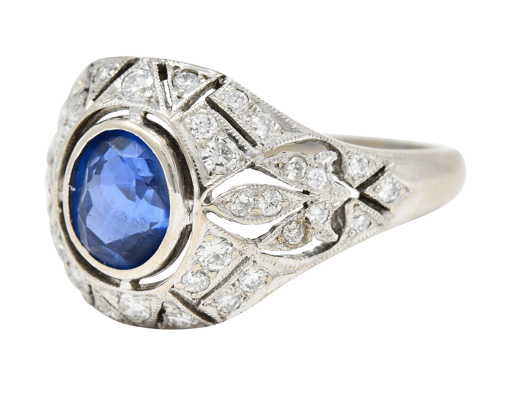 1960's Art Deco Revival 1.72 CTW Oval Cut Sapphire Diamond 14 Karat White Gold Fleur-De-Lis Vintage Bombay Dinner Ring Wilson's Estate Jewelry