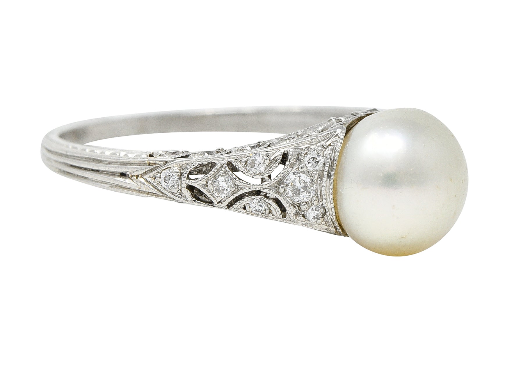 Tiffany & Co. Edwardian Pearl Diamond Platinum Ivy Foliate Antique Gemstone Ring Wilson's Estate Jewelry