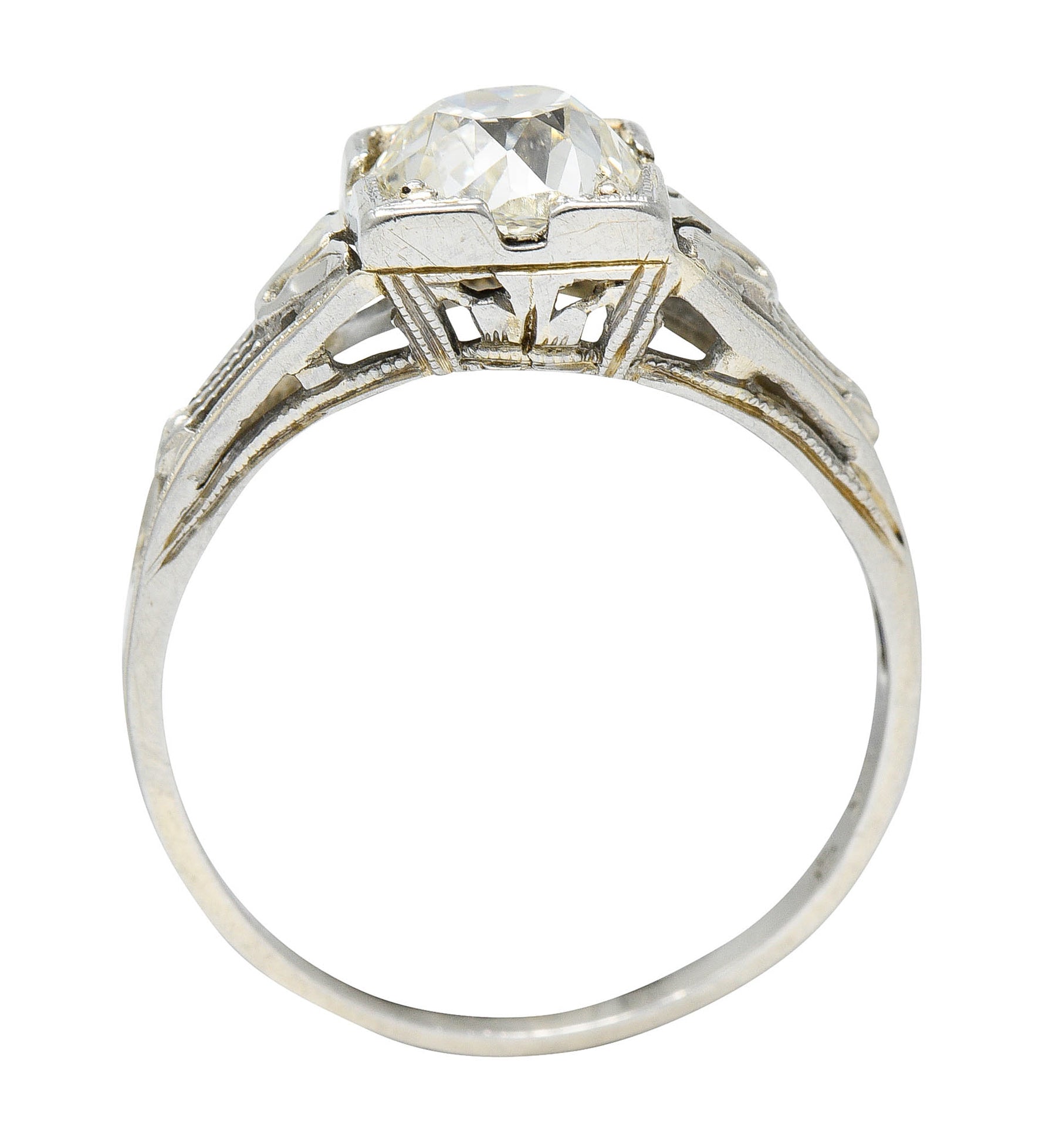 Art Deco 1.02 CTW Diamond 18 Karat White Gold Lotus Engagement Ring GIARing - Wilson's Estate Jewelry