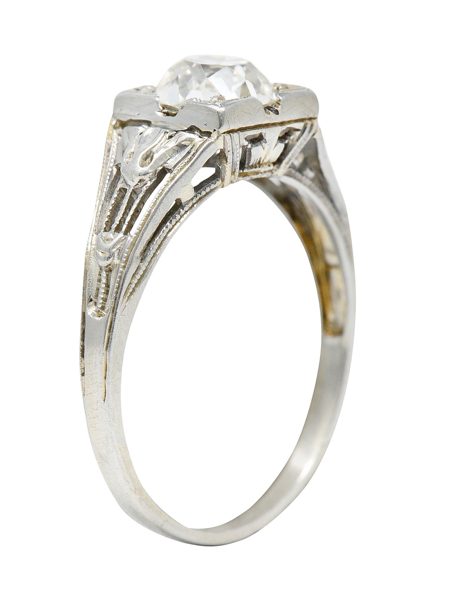 Art Deco 1.02 CTW Diamond 18 Karat White Gold Lotus Engagement Ring GIARing - Wilson's Estate Jewelry