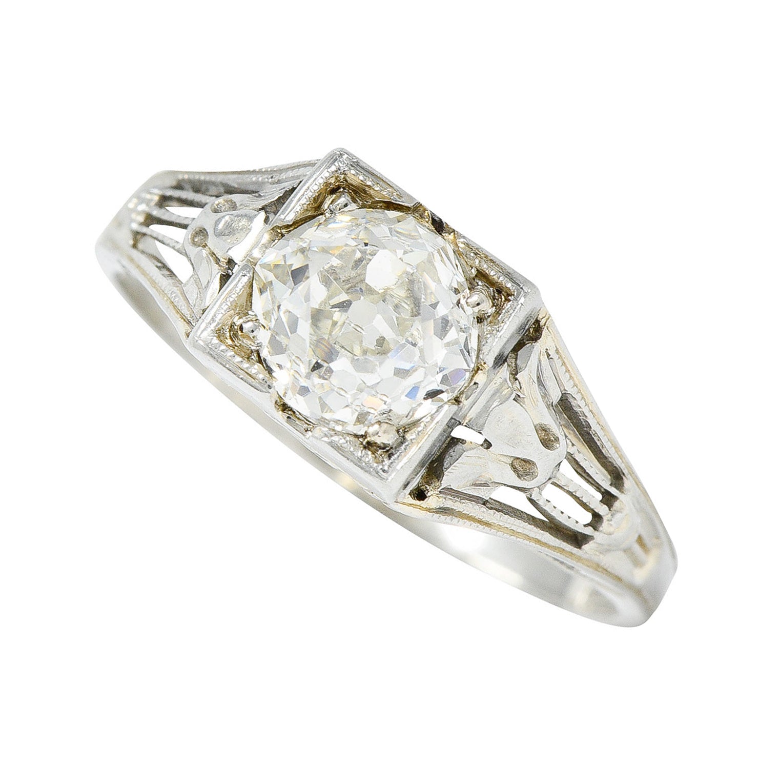 Art Deco 1.02 CTW Diamond 18 Karat White Gold Lotus Engagement Ring GIARing - Wilson's Estate Jewelry