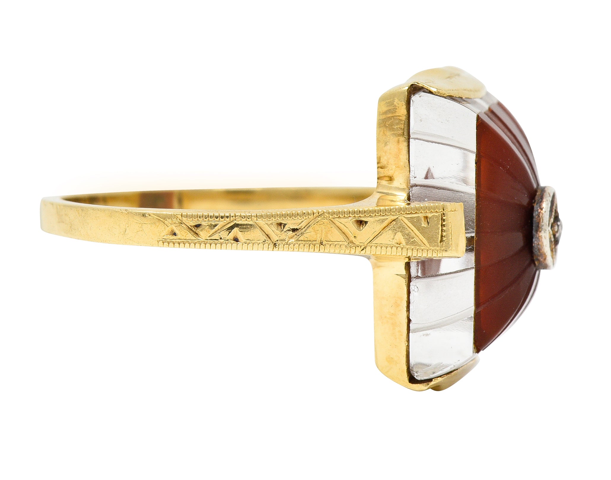 Art Deco Carved Carnelian Quartz Crystal Diamond 14 Karat Yellow Gold Vintage Gemstone Ring Wilson's Estate Jewelry