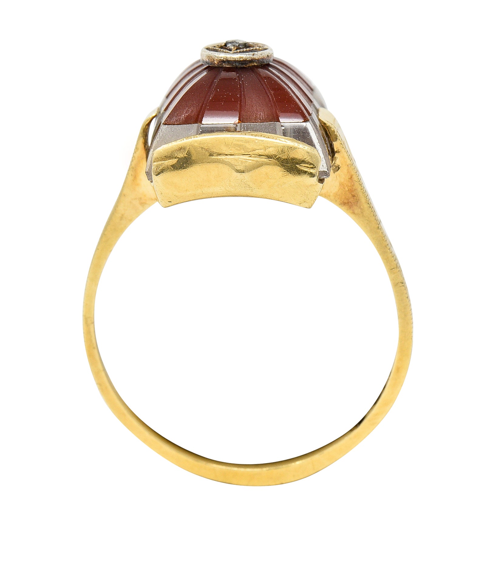 Art Deco Carved Carnelian Quartz Crystal Diamond 14 Karat Yellow Gold Vintage Gemstone Ring Wilson's Estate Jewelry