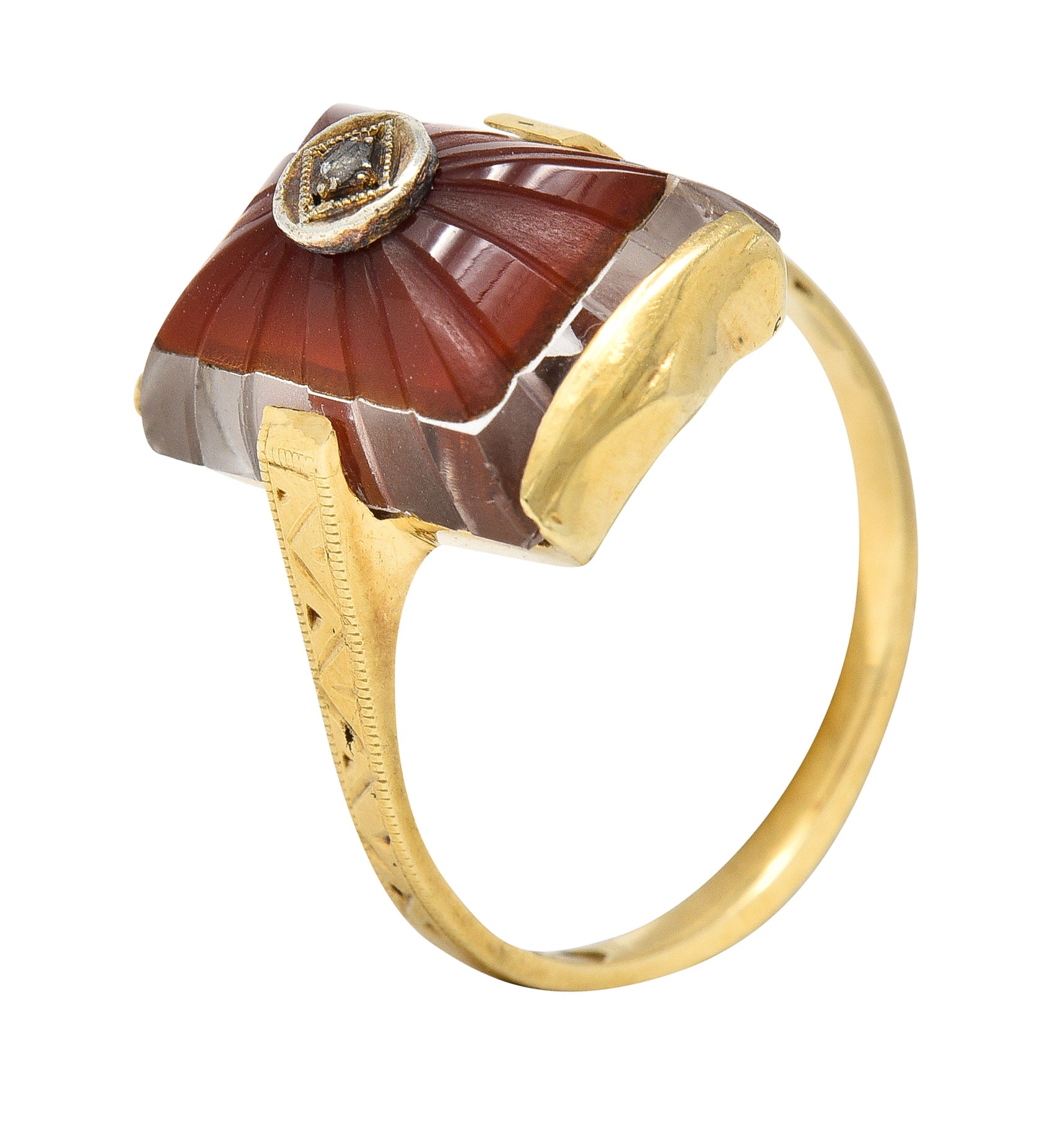 Art Deco Carved Carnelian Quartz Crystal Diamond 14 Karat Yellow Gold Vintage Gemstone Ring Wilson's Estate Jewelry