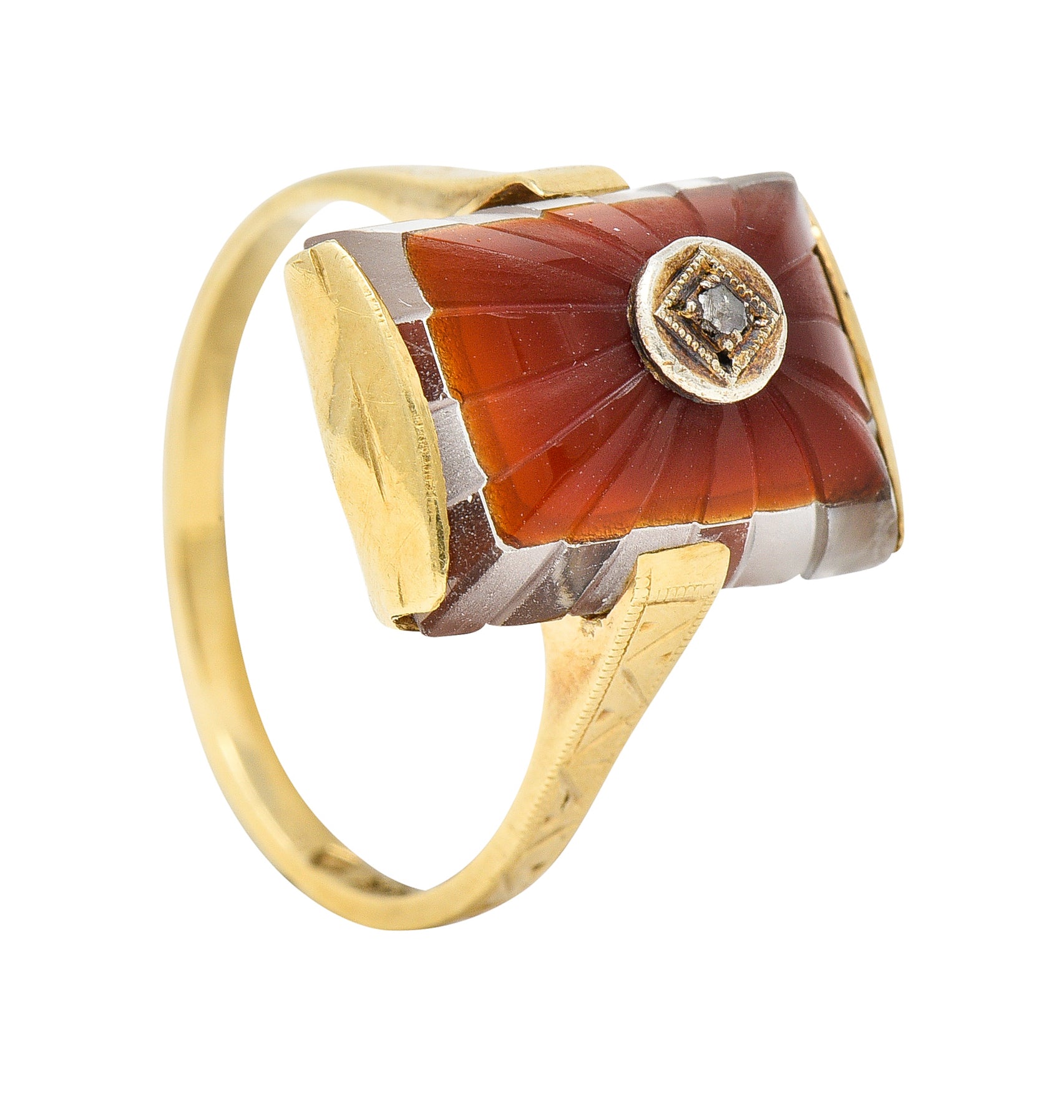 Art Deco Carved Carnelian Quartz Crystal Diamond 14 Karat Yellow Gold Vintage Gemstone Ring Wilson's Estate Jewelry