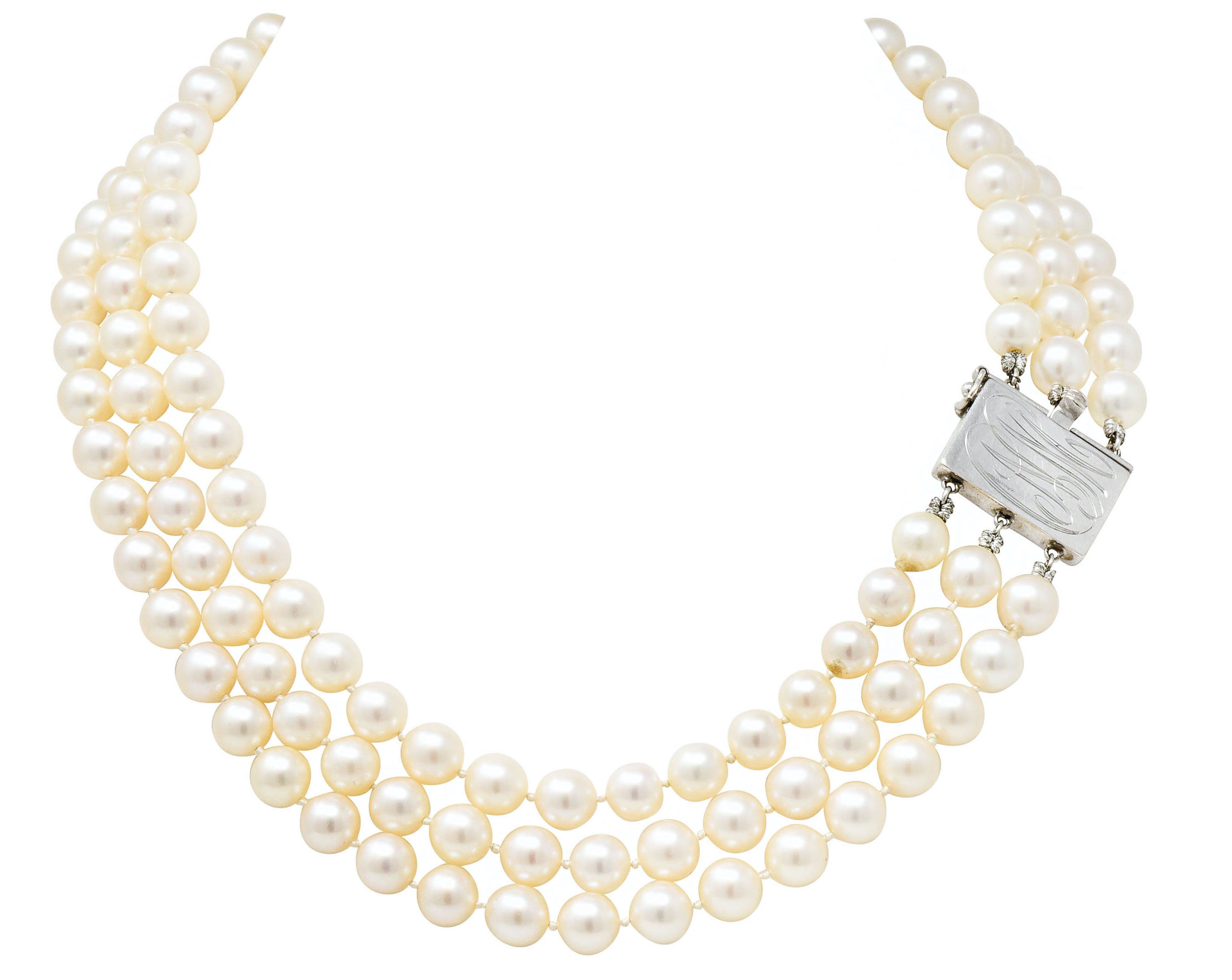 Retro 1.70 CTW Diamond Cultured Pearl 14 Karat White Gold Multi-Strand Necklace & BroochNecklace - Wilson's Estate Jewelry