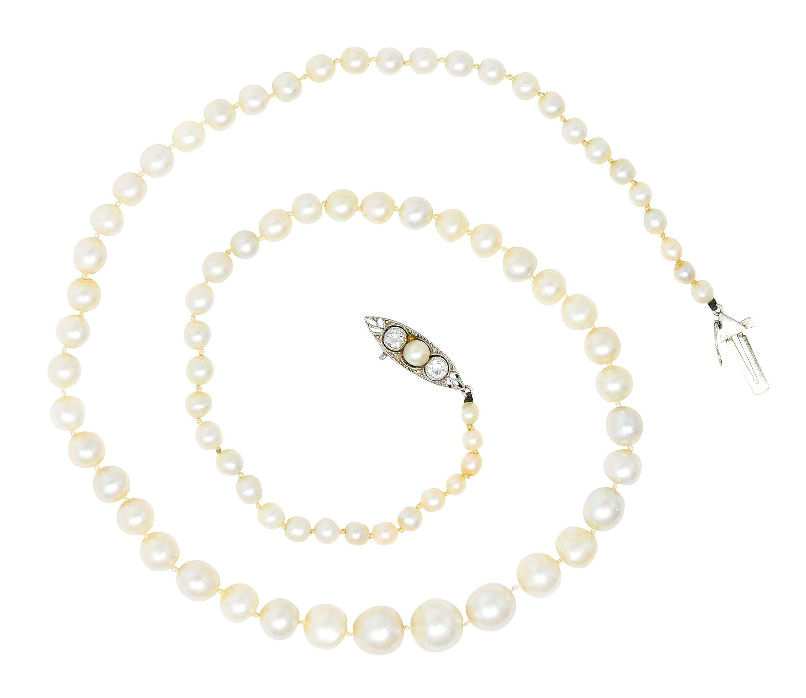 Edwardian Diamond Natural Saltwater Pearl Platinum-Topped 18 Karat Gold Strand Necklace GIA Wilson's Estate Jewelry