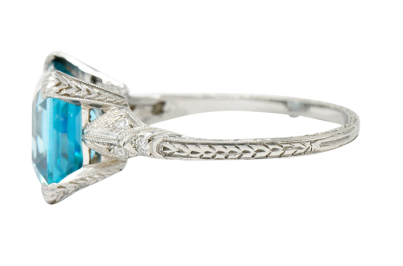 Art Deco Blue Zircon Diamond Platinum Wheat Gemstone RingRing - Wilson's Estate Jewelry