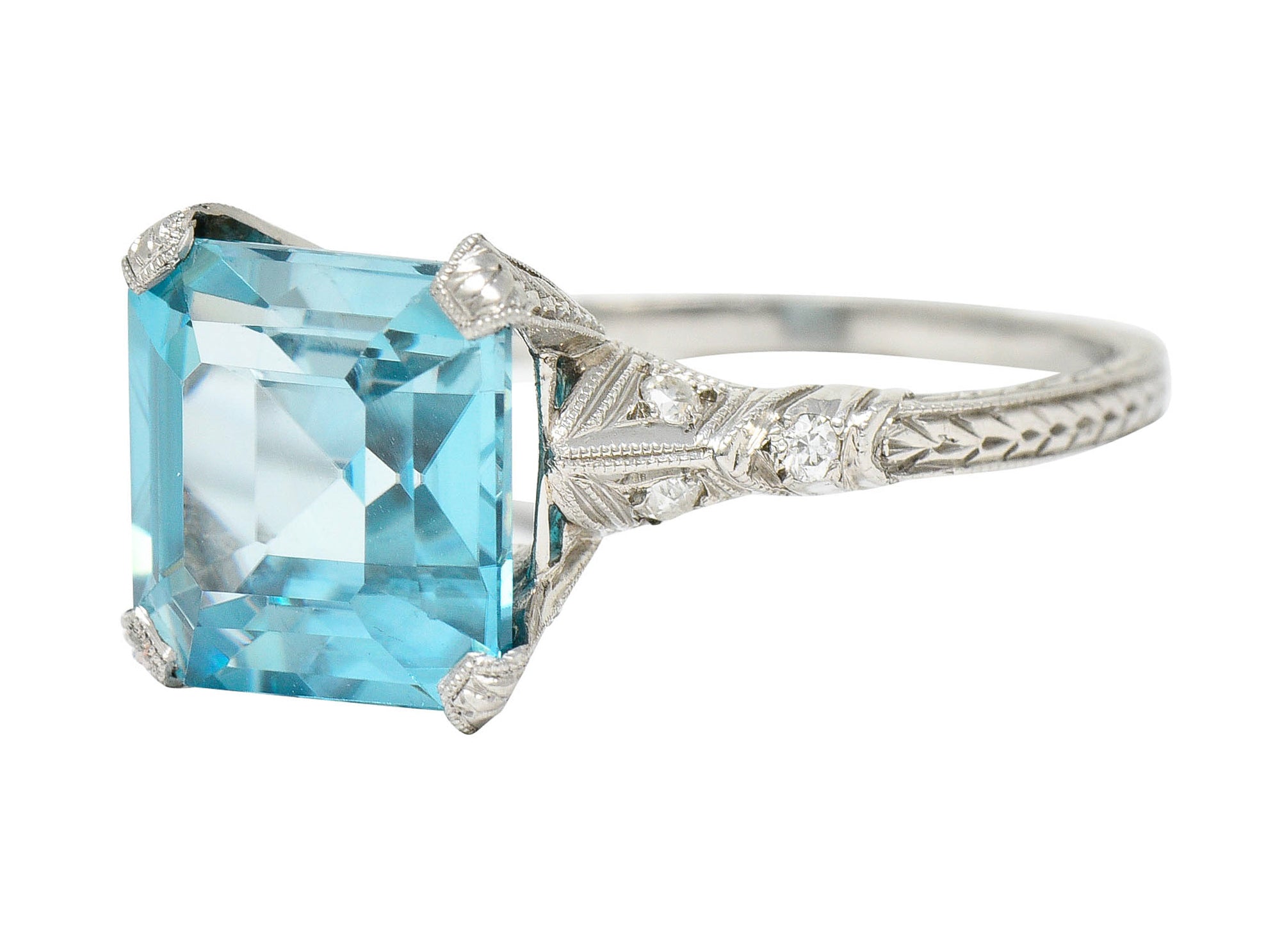 Art Deco Blue Zircon Diamond Platinum Wheat Gemstone RingRing - Wilson's Estate Jewelry