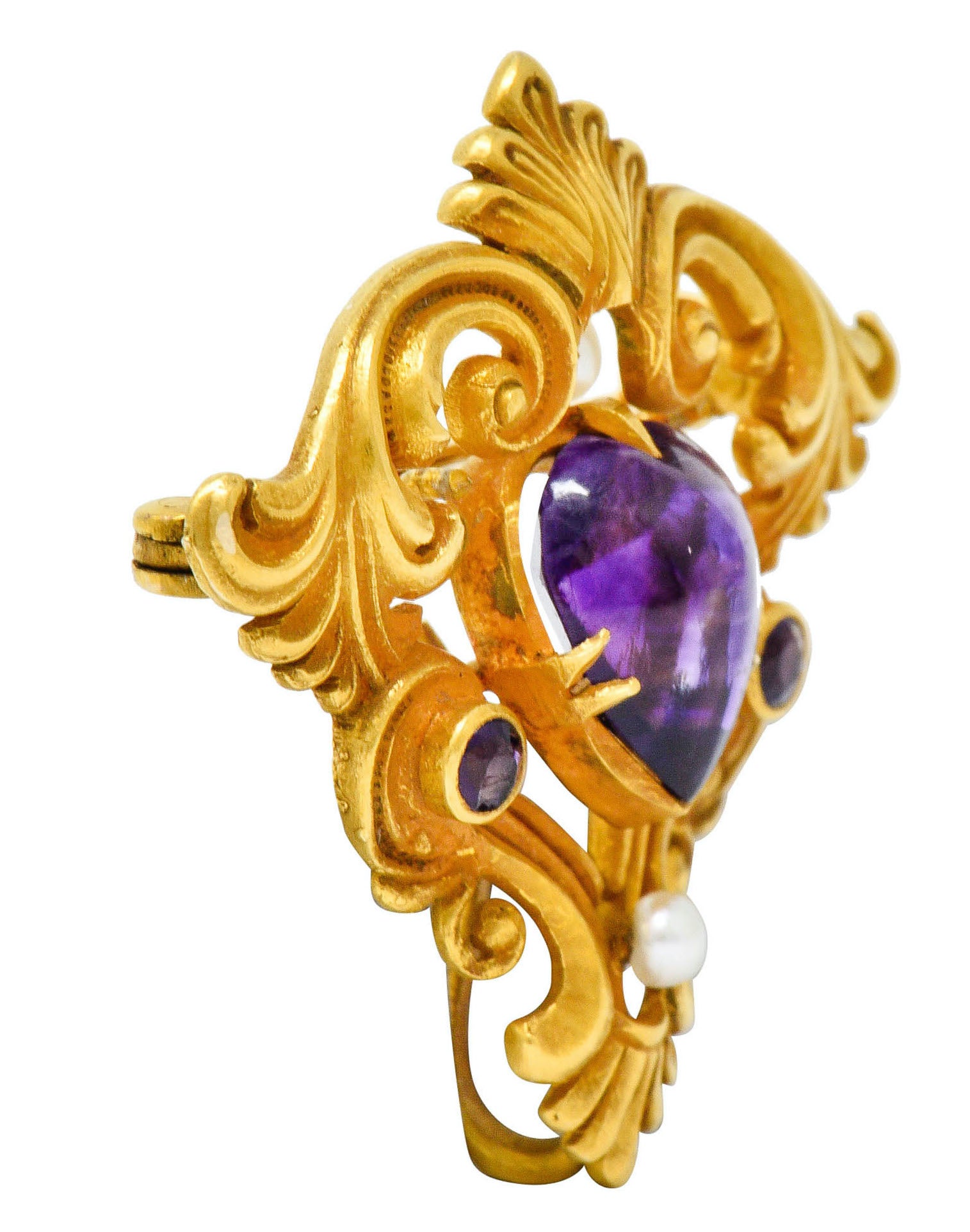 Art Nouveau Amethyst Pearl 14 Karat Gold Foliate Whiplash Pendant BroochBrooch - Wilson's Estate Jewelry