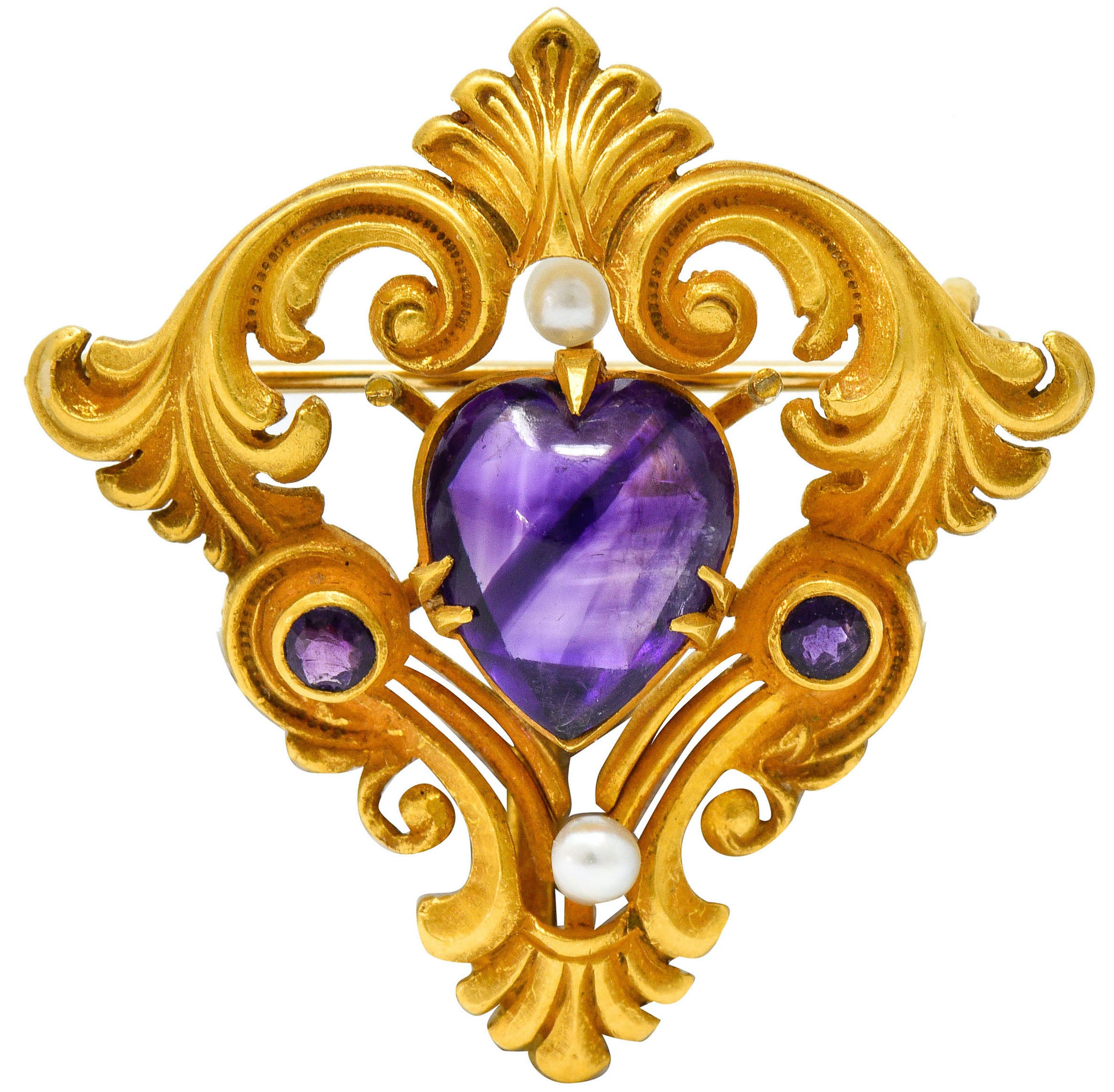 Art Nouveau Amethyst Pearl 14 Karat Gold Foliate Whiplash Pendant BroochBrooch - Wilson's Estate Jewelry