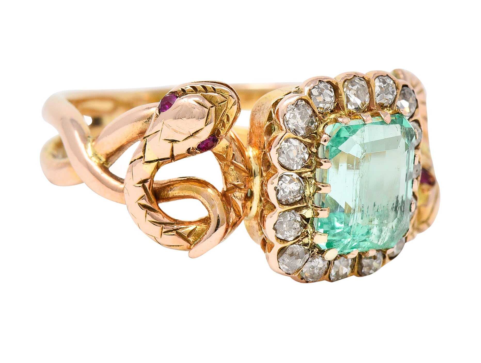 Victorian 2.46 CTW Emerald Old Mine Cut Diamond 18 Karat Rose Gold Snake Antique Halo Ring Wilson's Estate Jewelry