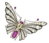 1860's Victorian 12.70 CTW Ruby Fancy Green Colored Diamond 18 Karat Gold Tremblant Butterfly Brooch GIA Wilson's Estate Jewelry