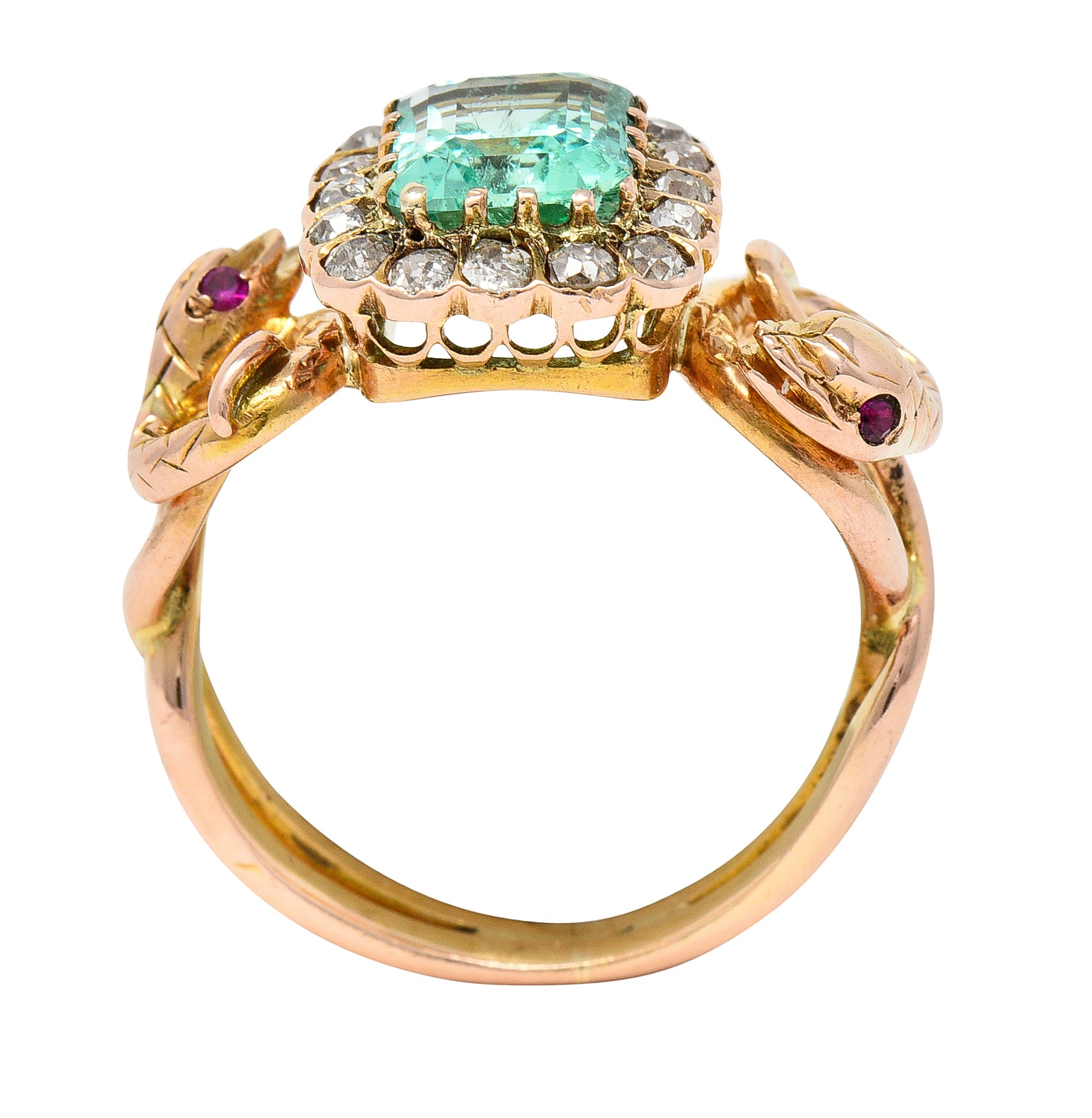 Victorian 2.46 CTW Emerald Old Mine Cut Diamond 18 Karat Rose Gold Snake Antique Halo Ring Wilson's Estate Jewelry