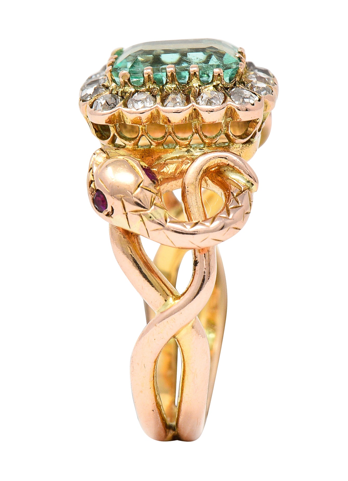 Victorian 2.46 CTW Emerald Old Mine Cut Diamond 18 Karat Rose Gold Snake Antique Halo Ring Wilson's Estate Jewelry