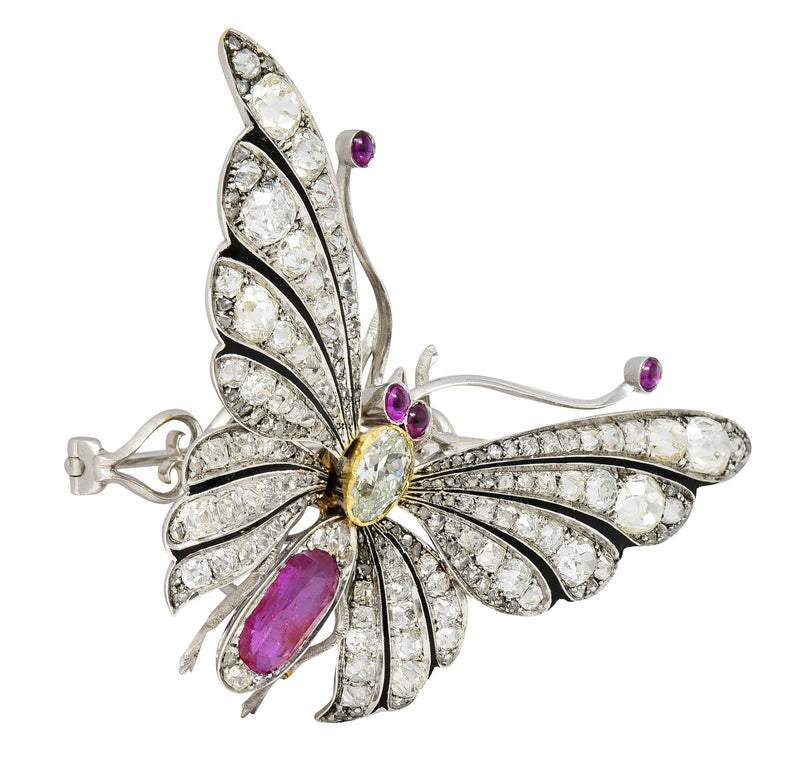 1860's Victorian 12.70 CTW Ruby Fancy Green Colored Diamond 18 Karat Gold Tremblant Butterfly Brooch GIA Wilson's Estate Jewelry