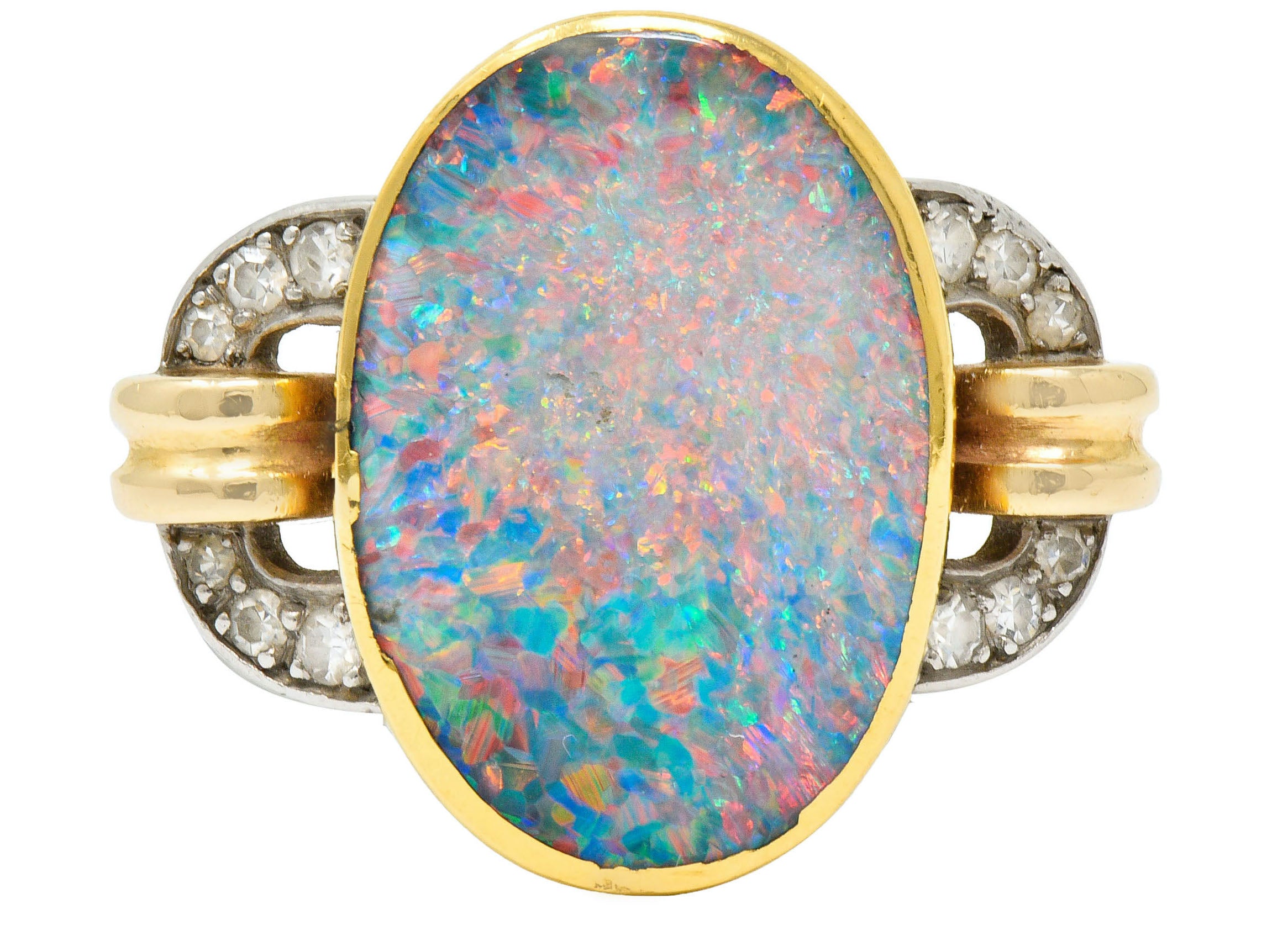 Retro Black Opal Diamond 14 Karat Gold Platinum Buckle RingRing - Wilson's Estate Jewelry