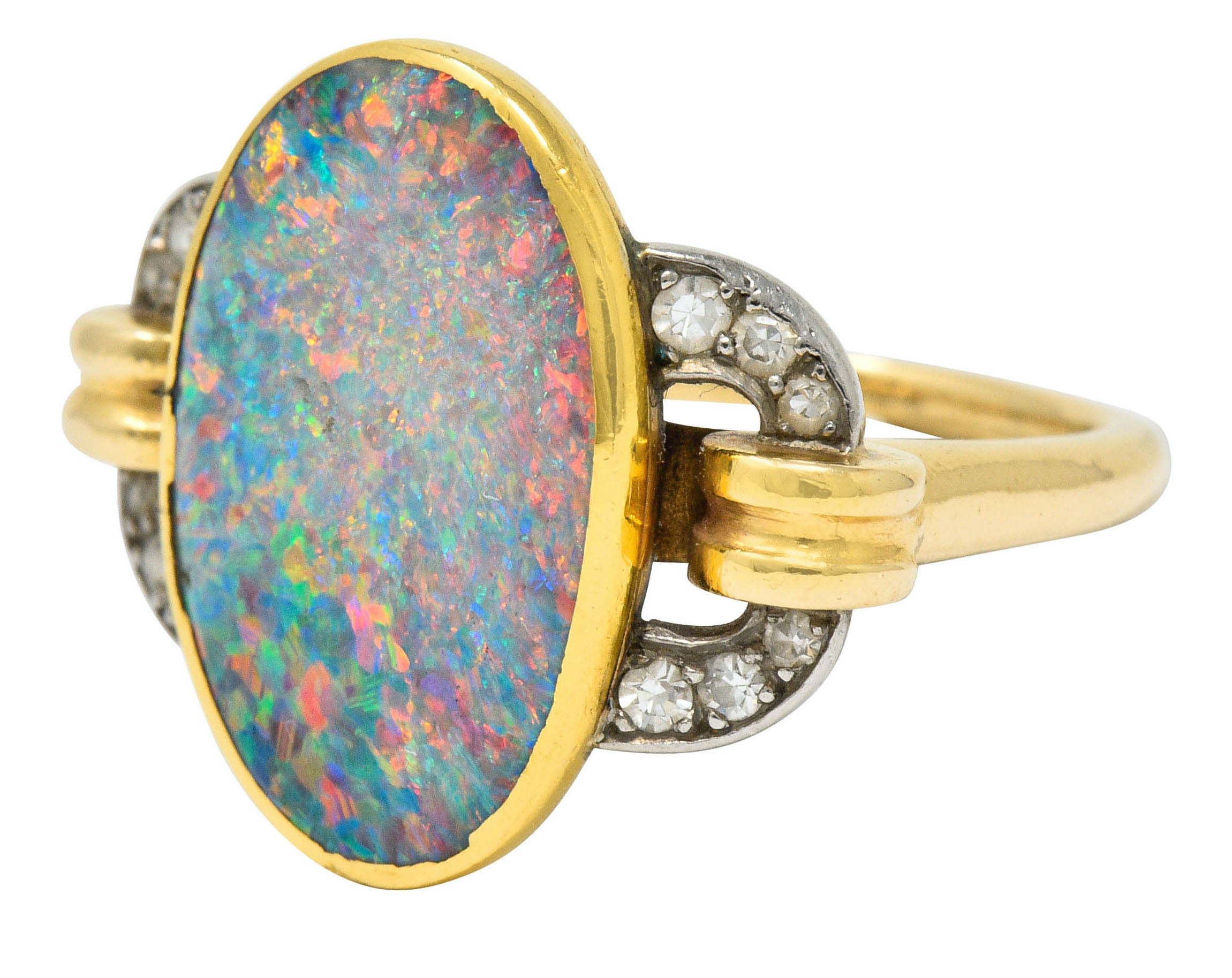 Retro Black Opal Diamond 14 Karat Gold Platinum Buckle RingRing - Wilson's Estate Jewelry